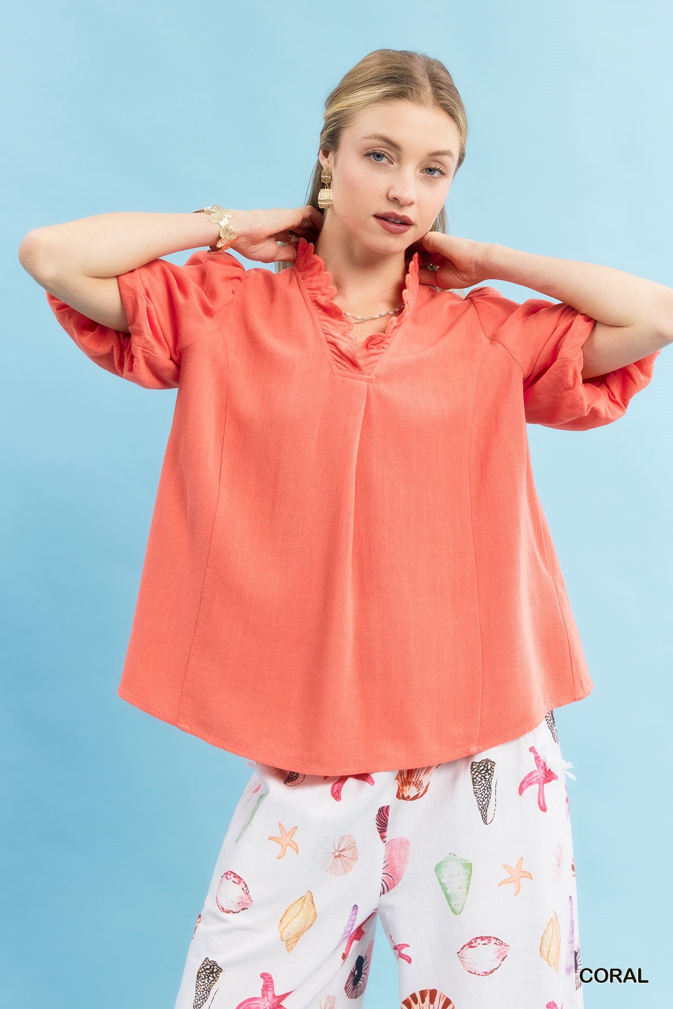 Laura Linen Scallop V Neck Top Coral