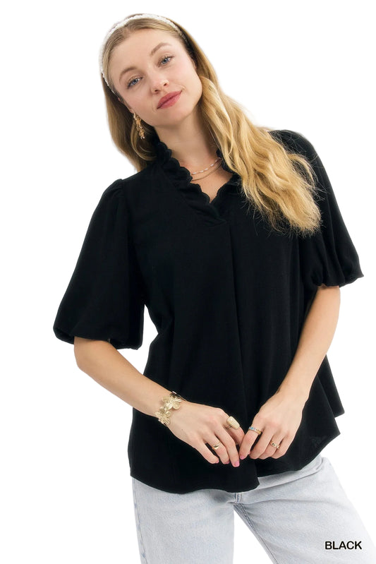 Laura Linen Scallop Trim V Neck Top Black