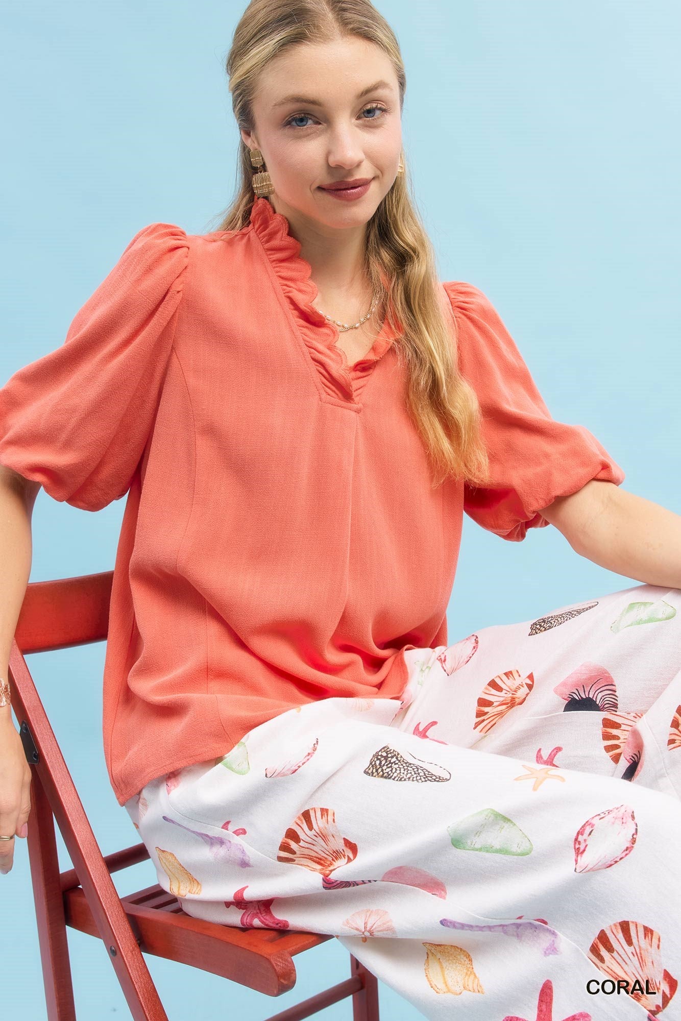Laura Linen Scallop V Neck Top Coral