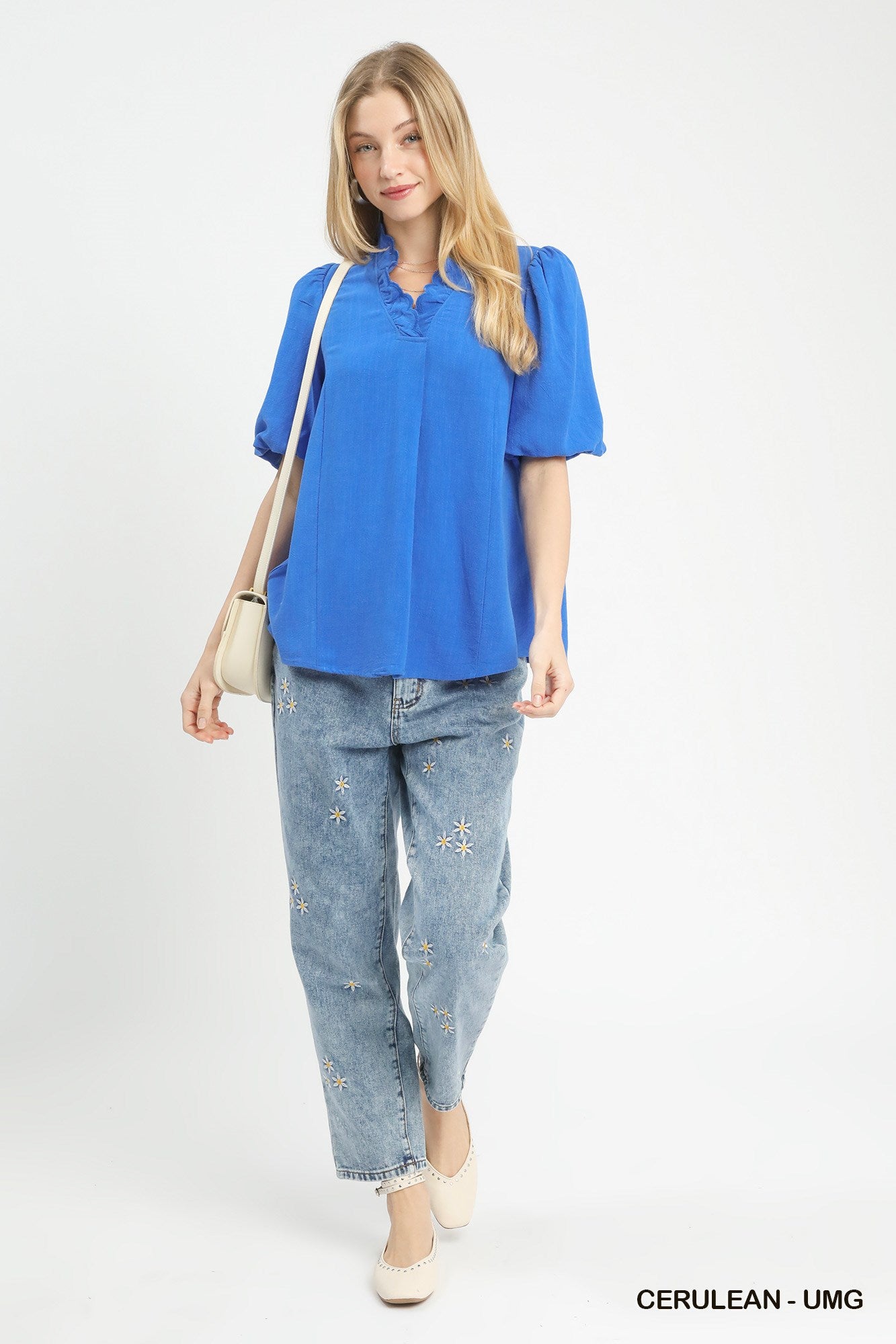 Laura Linen Scallop V Neck Top Cerulean