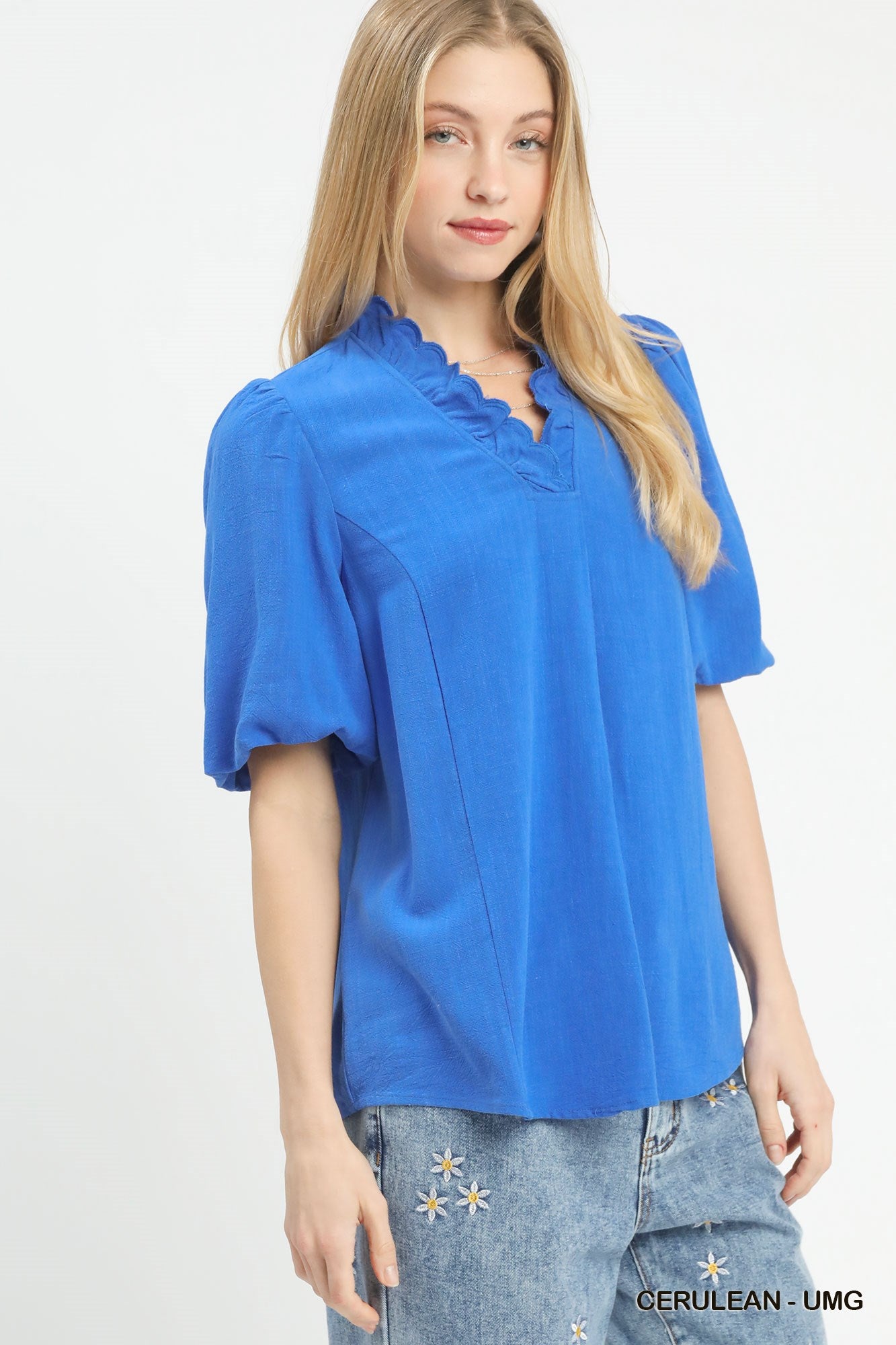 Laura Linen Scallop V Neck Top Cerulean