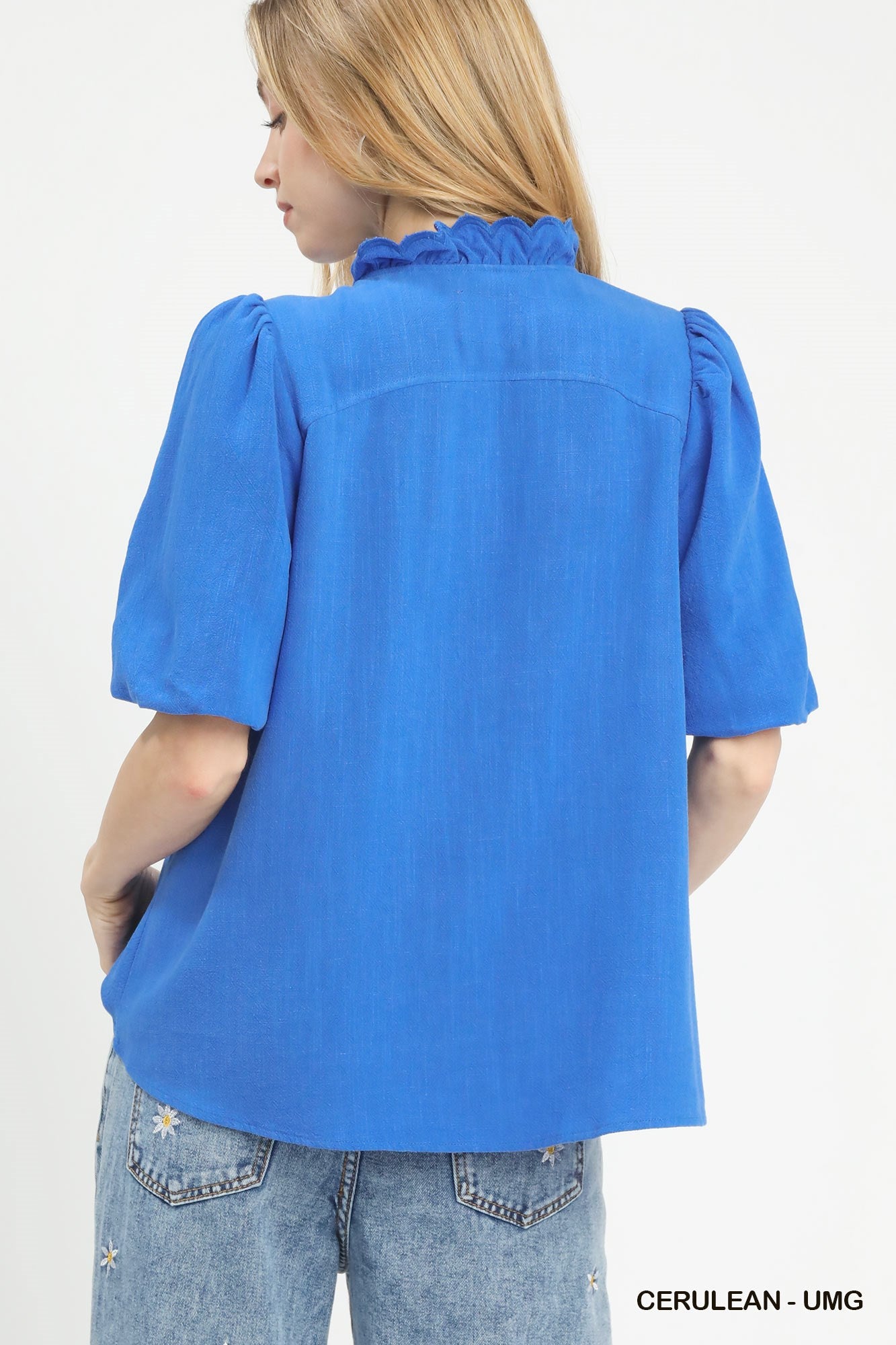Laura Linen Scallop V Neck Top Cerulean