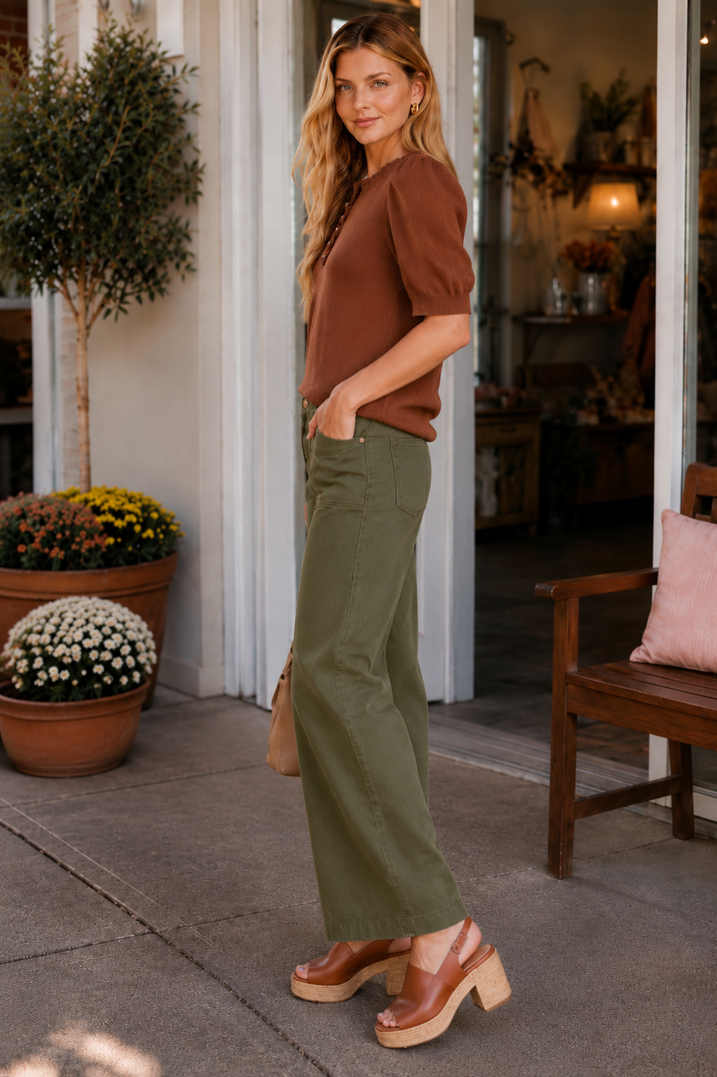 Selena Short Sleeve Ruffled Neck Sweater Cinnamon