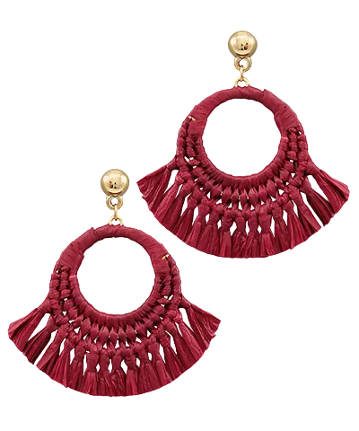Raffia Circle Tassel Earrings Burgundy