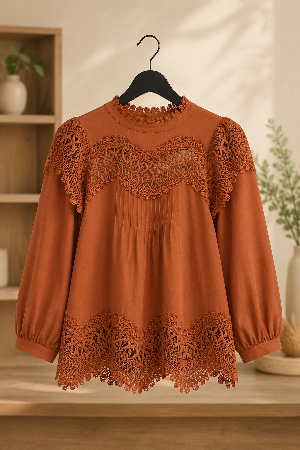 Lacee Mock Neck 3/4 Sleeve Lace Trim Blouse Clay