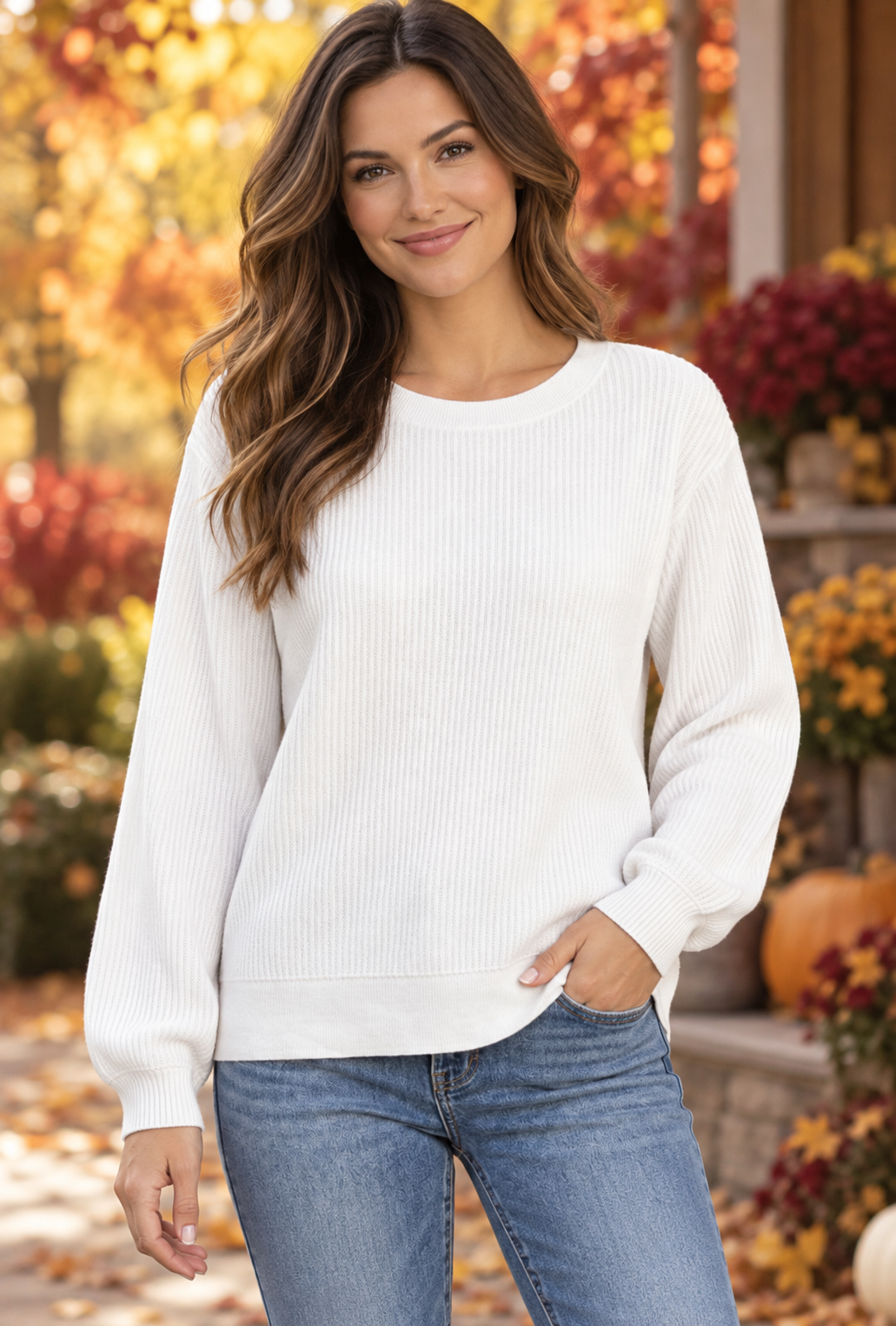 Vera Vertically Textured Balloon Sleeve Sweater Ivory