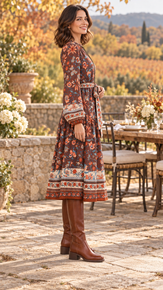 Presley Floral Border Print Belted Midi Drss Coco Brown