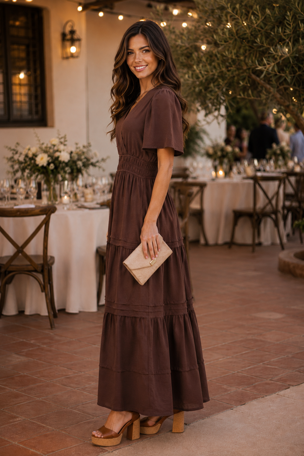 Hadley Half Sleeve Tiered Maxi Dress Dark Brown
