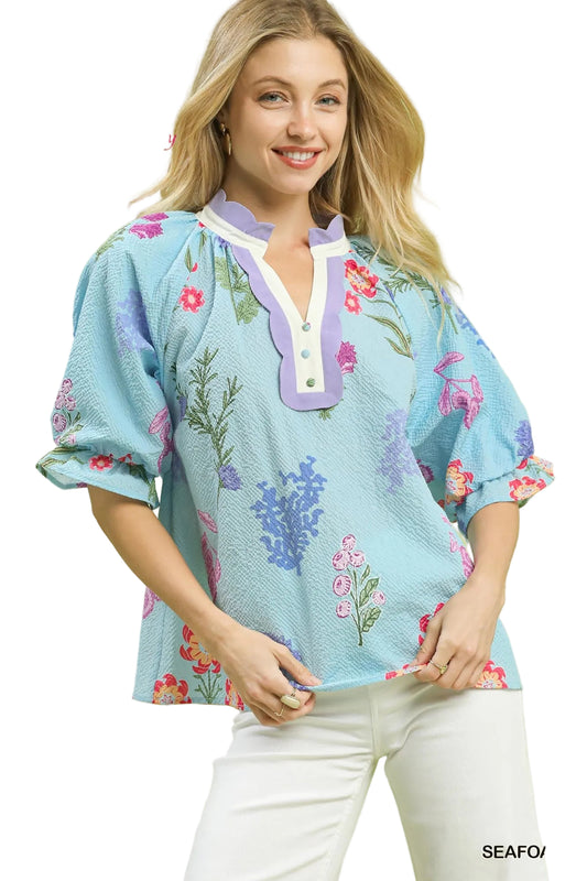 Paitlyn Floral Blouse With Scallop Trim Seafoam