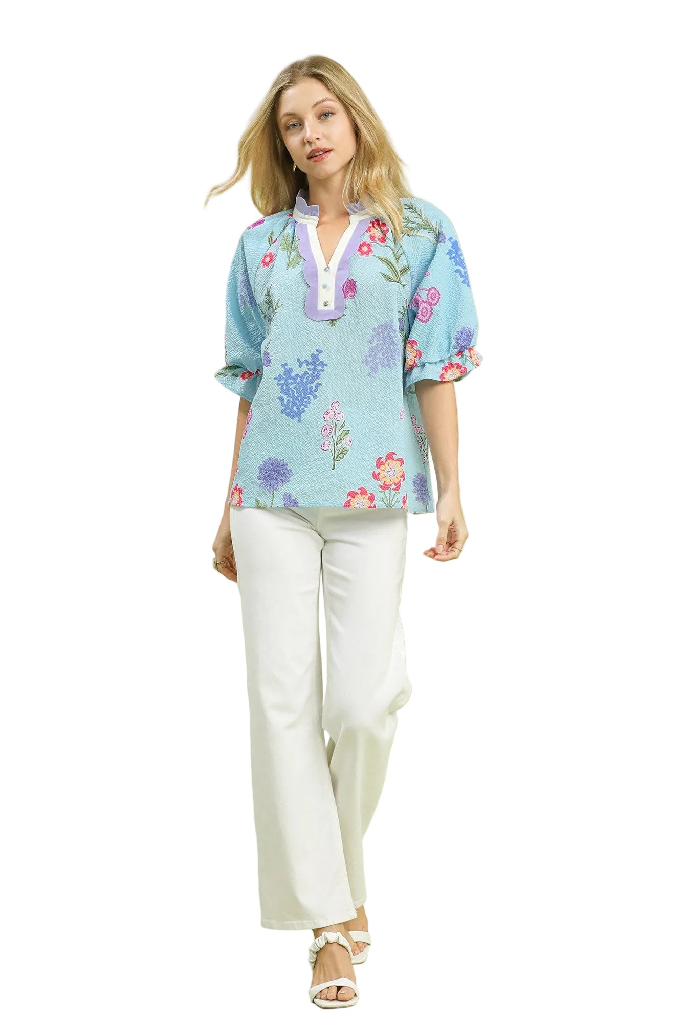 Paitlyn Floral Blouse With Scallop Trim Seafoam