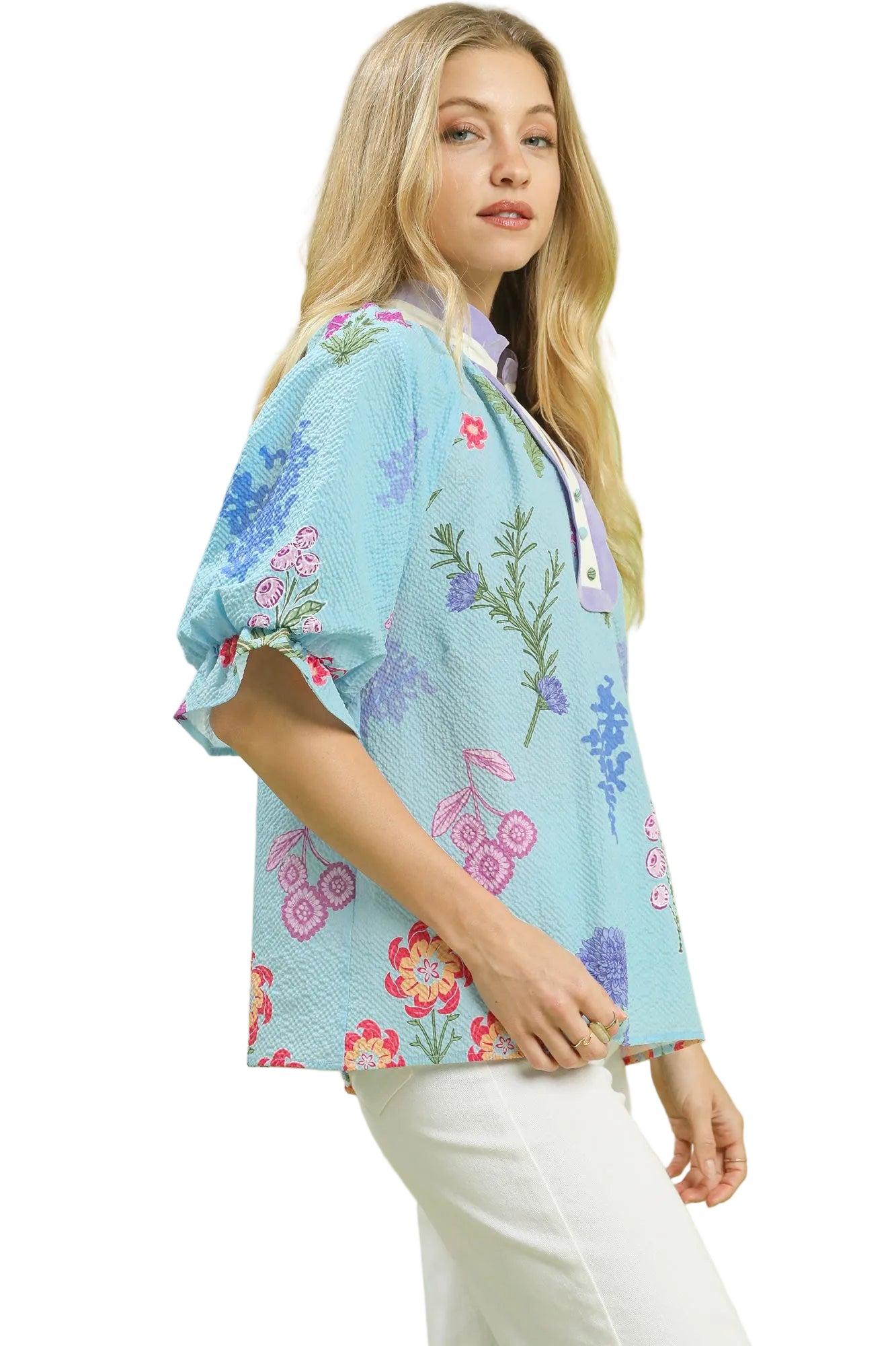 Paitlyn Floral Blouse With Scallop Trim Seafoam