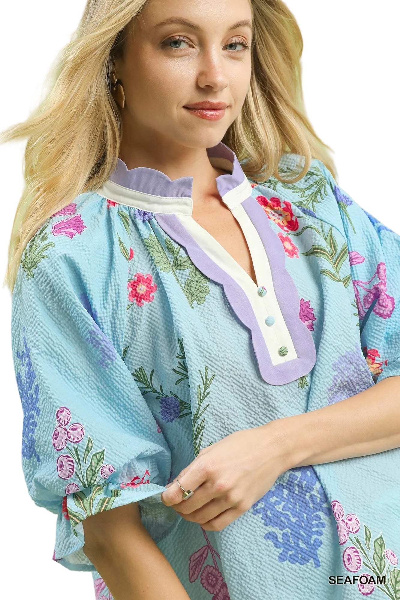 Paitlyn Floral Blouse With Scallop Trim Seafoam