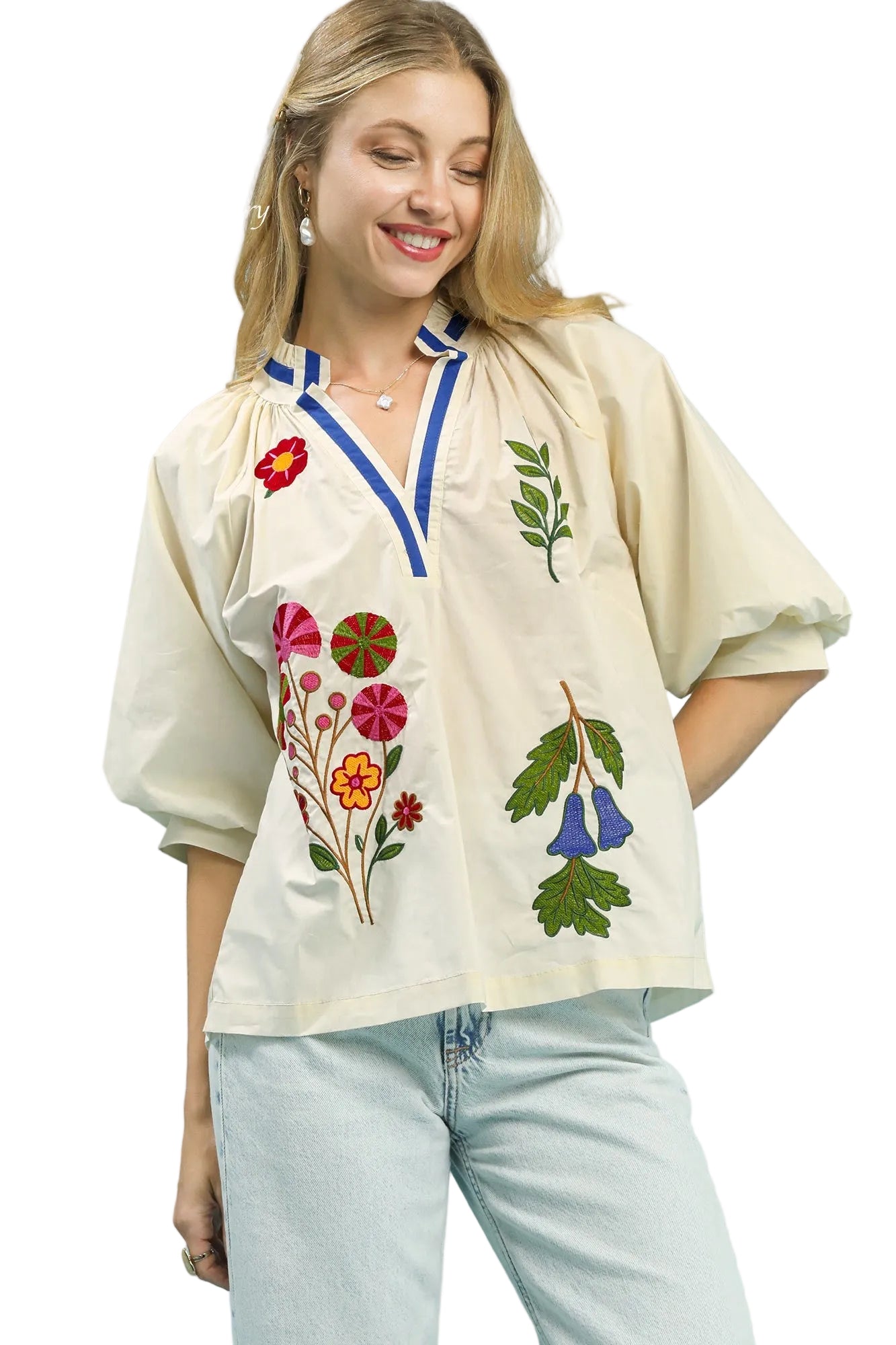 Candy Embroidery Floral V Neck Blouse Ecru