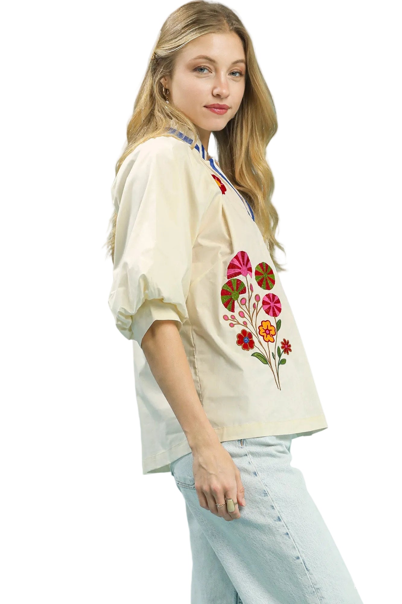 Candy Embroidery Floral V Neck Blouse Ecru