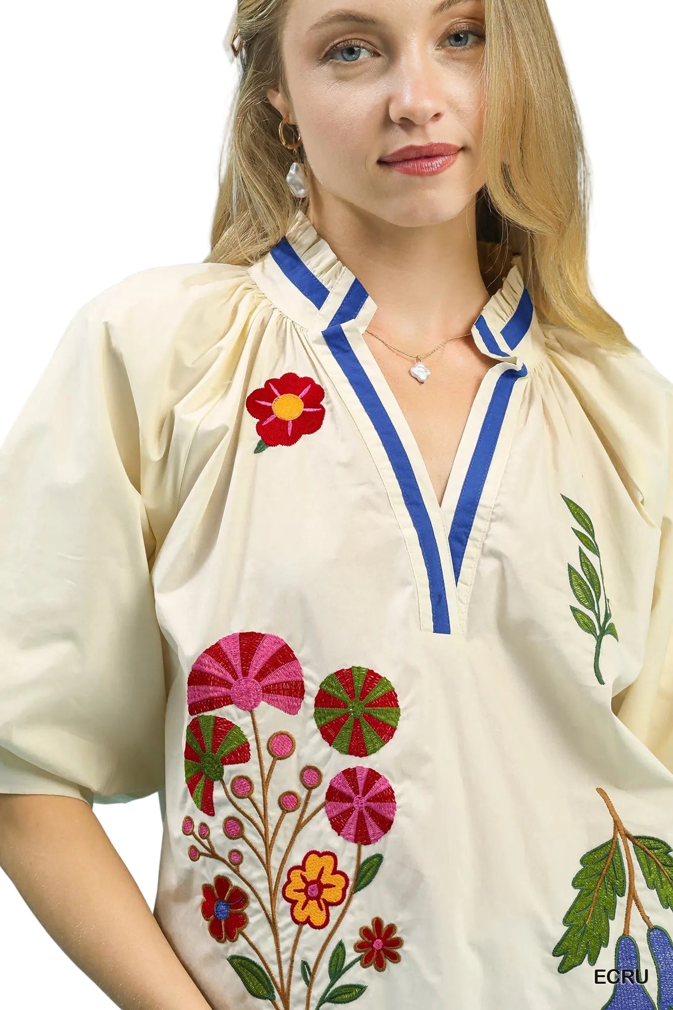Candy Embroidery Floral V Neck Blouse Ecru