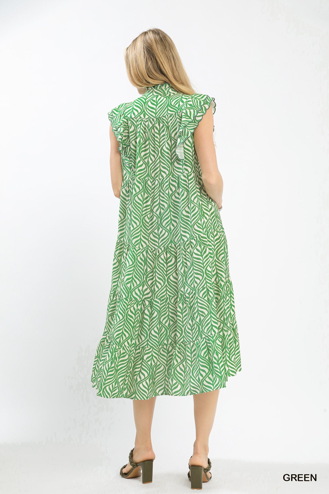 Lainey Leaf Print Tiered Midi Dress Green