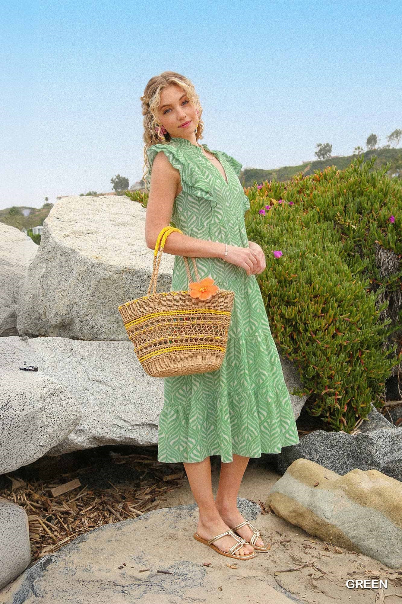 Lainey Leaf Print Tiered Midi Dress Green