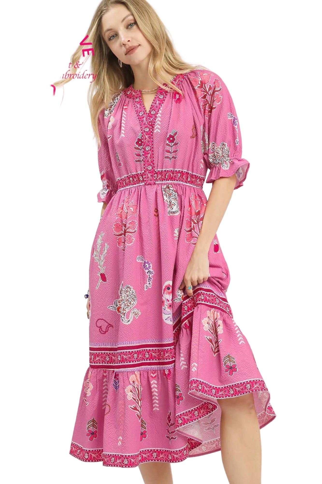 Fallen Floral Collage Print Y Neck Midi Dress Pink