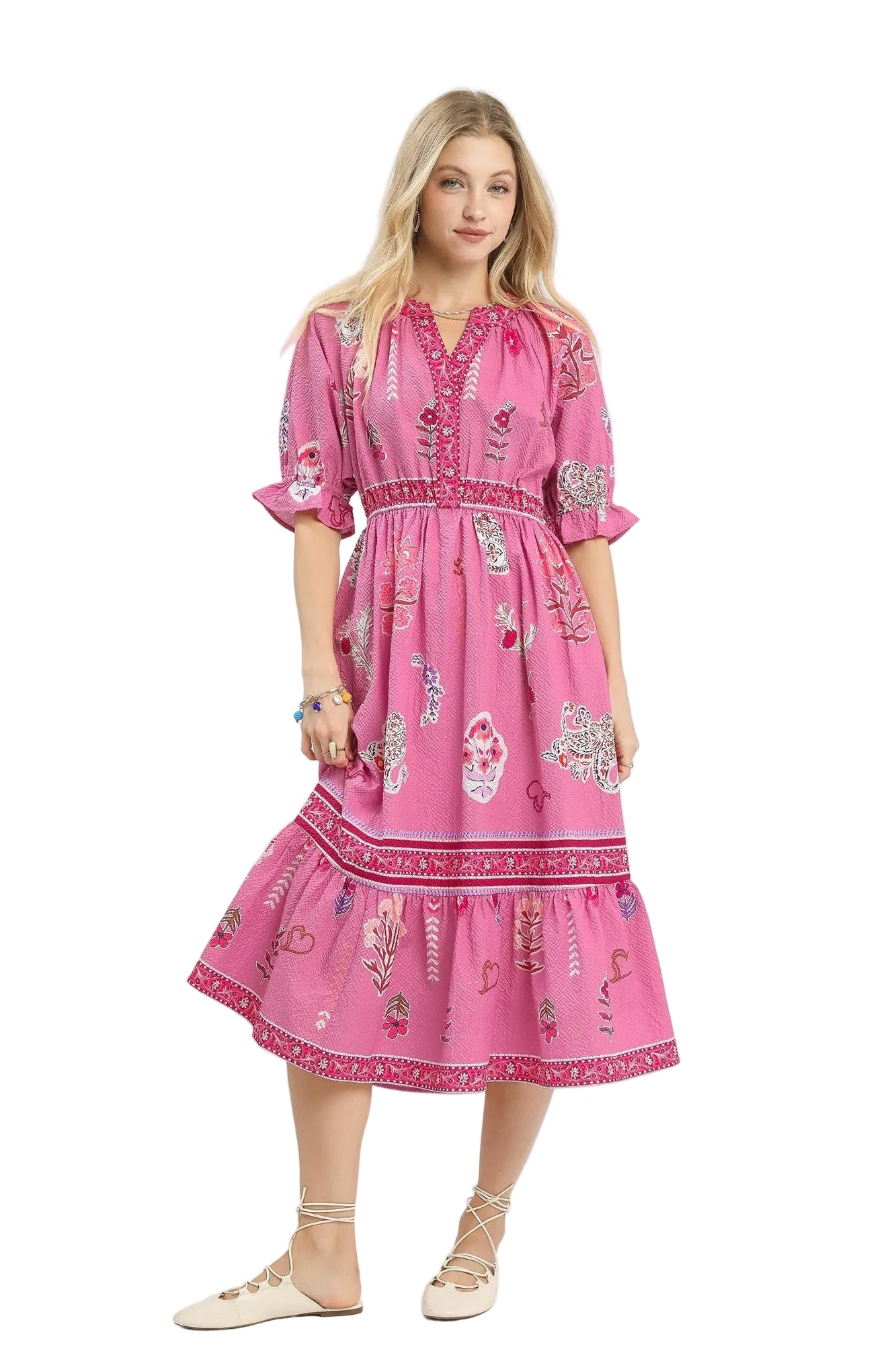 Fallen Floral Collage Print Y Neck Midi Dress Pink