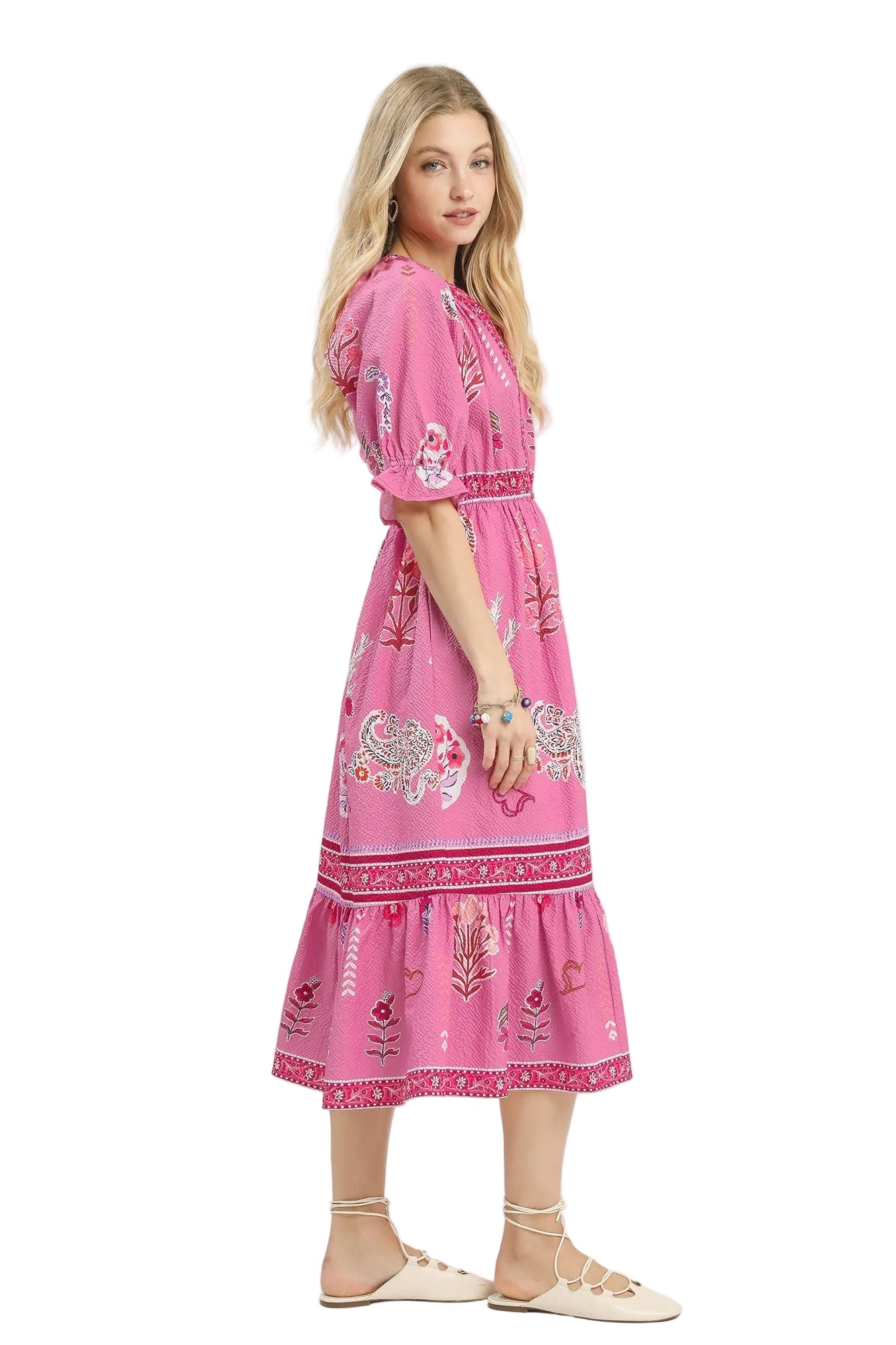 Fallen Floral Collage Print Y Neck Midi Dress Pink