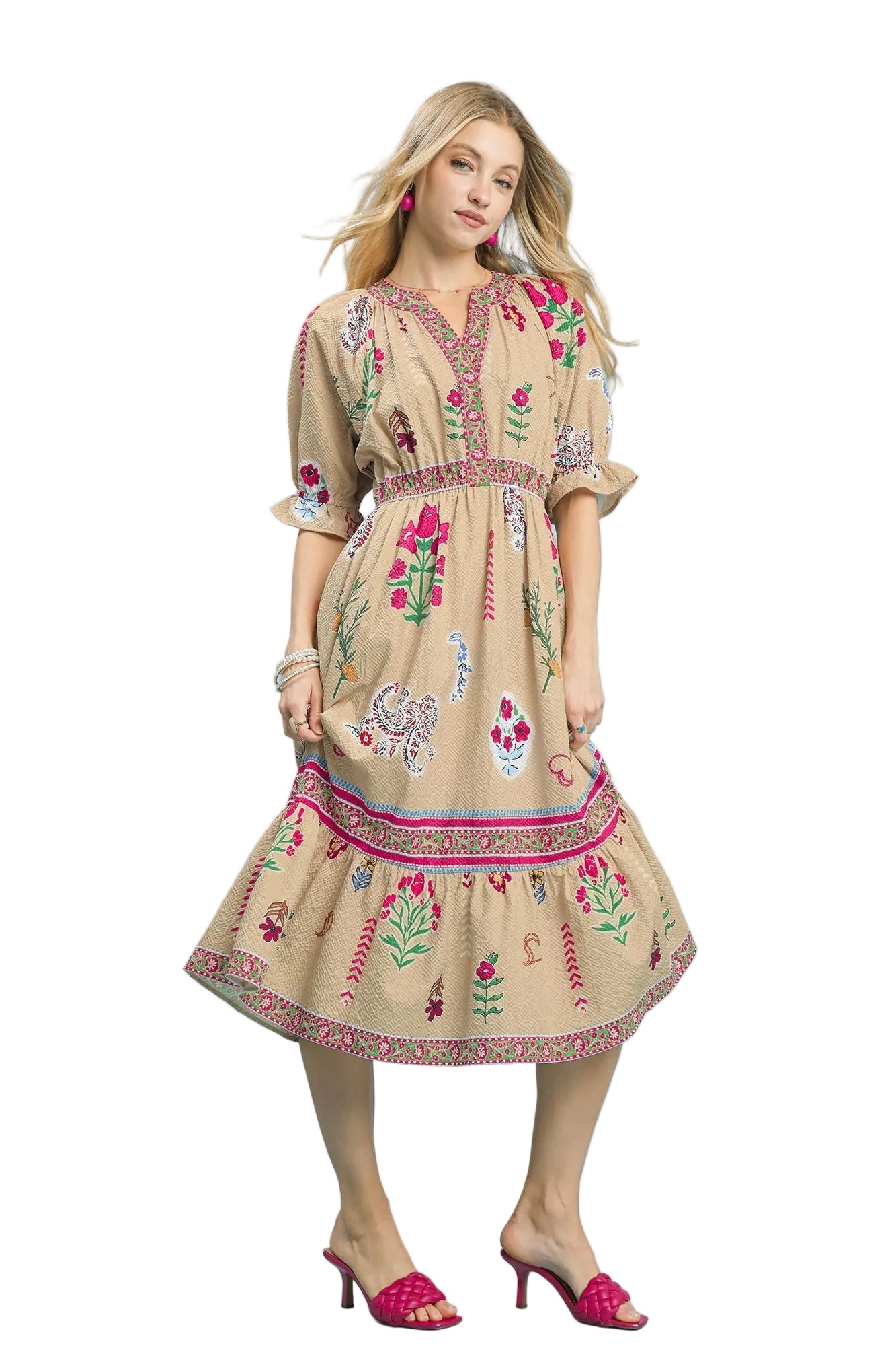 Fallen Floral Collage Print Y Neck Midi Dress Taupe