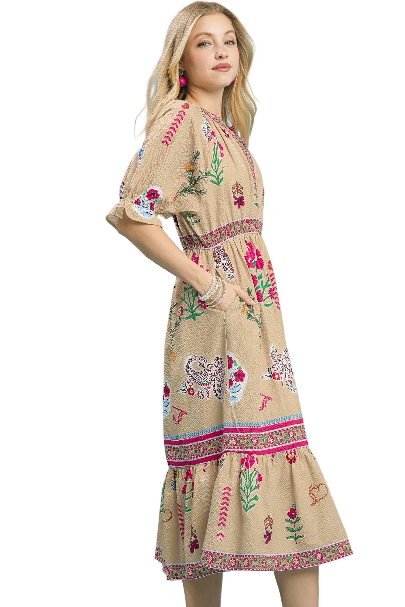 Fallen Floral Collage Print Y Neck Midi Dress Taupe