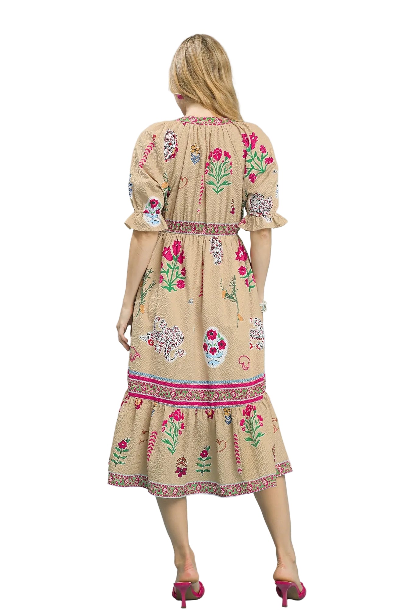 Fallen Floral Collage Print Y Neck Midi Dress Taupe