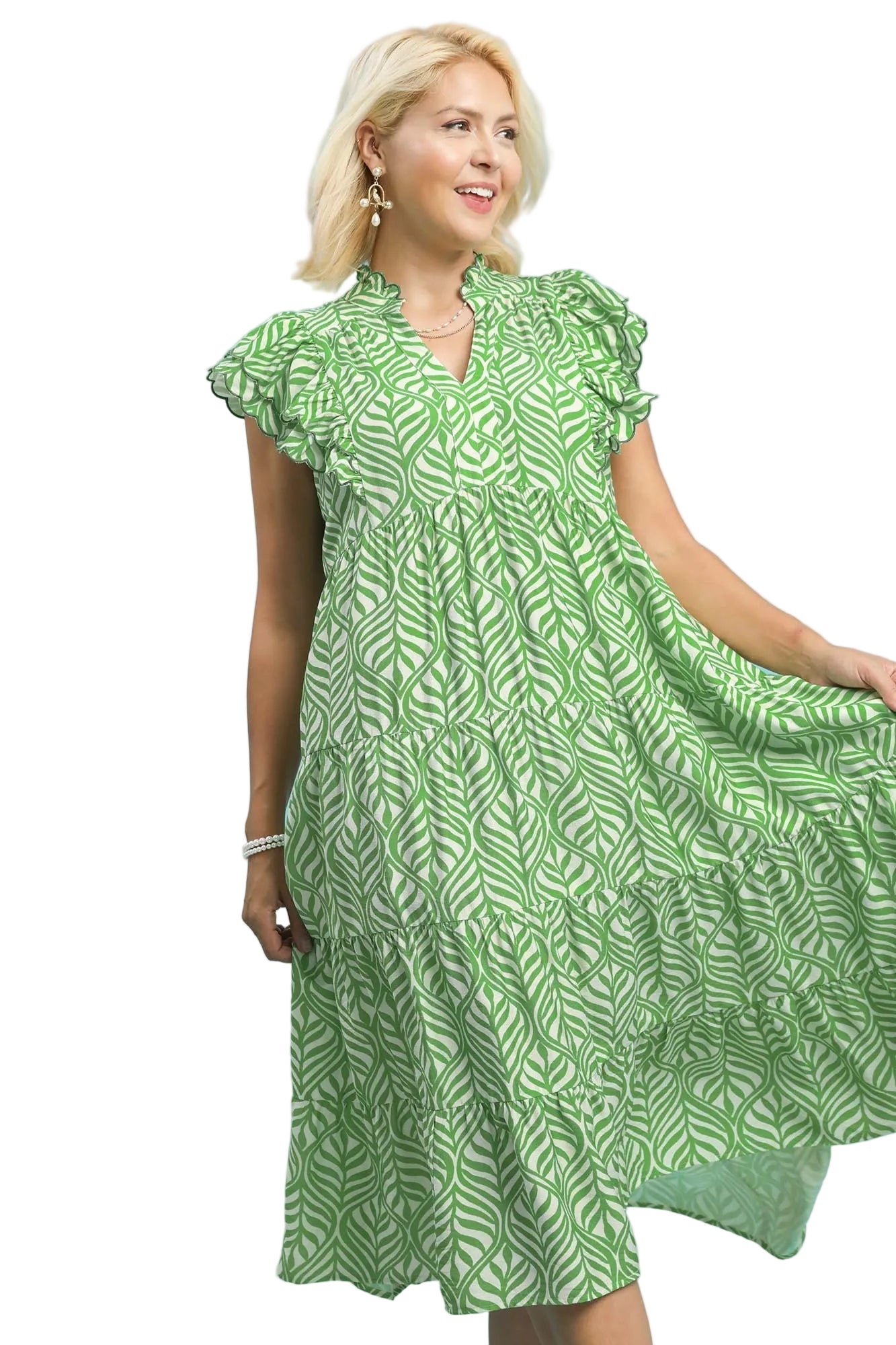 Lainey Leaf Print Tiered Midi Dress Green