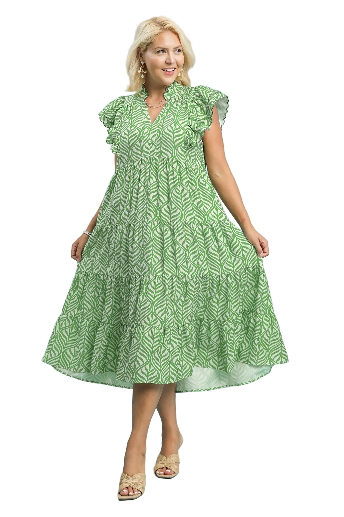 Lainey Leaf Print Tiered Midi Dress Green