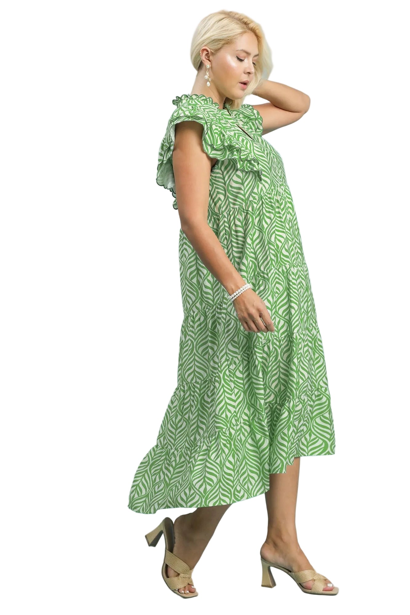 Lainey Leaf Print Tiered Midi Dress Green