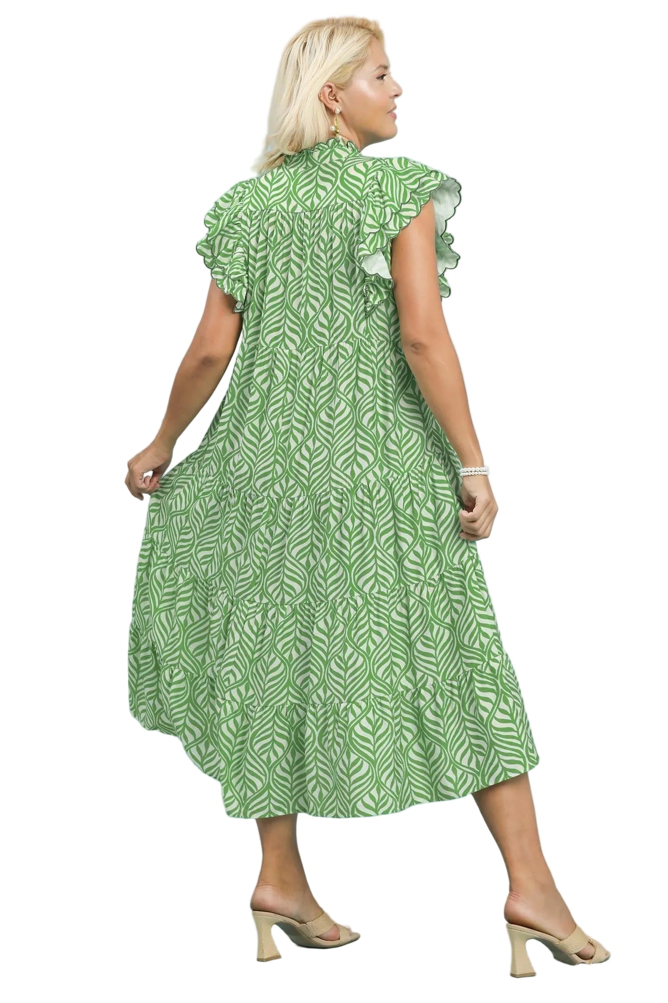 Lainey Leaf Print Tiered Midi Dress Green – Boutique 54