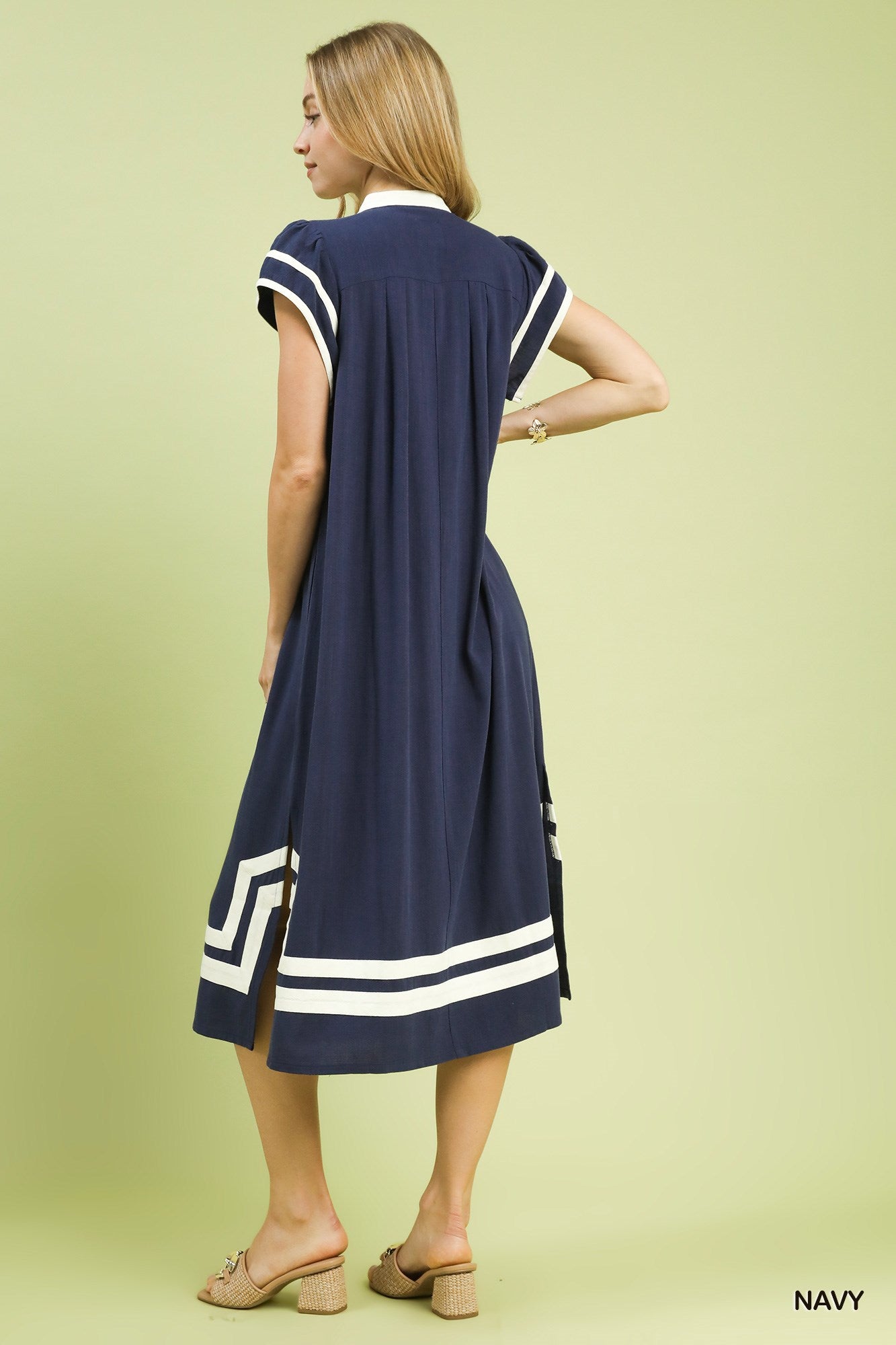 lindsey midi dress Lindsey Linen Cotton Contrast Neckline Midi Dress Navy – Boutique 54