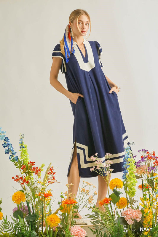 Lindsey Linen Cotton Contrast Neckline Midi Dress Navy
