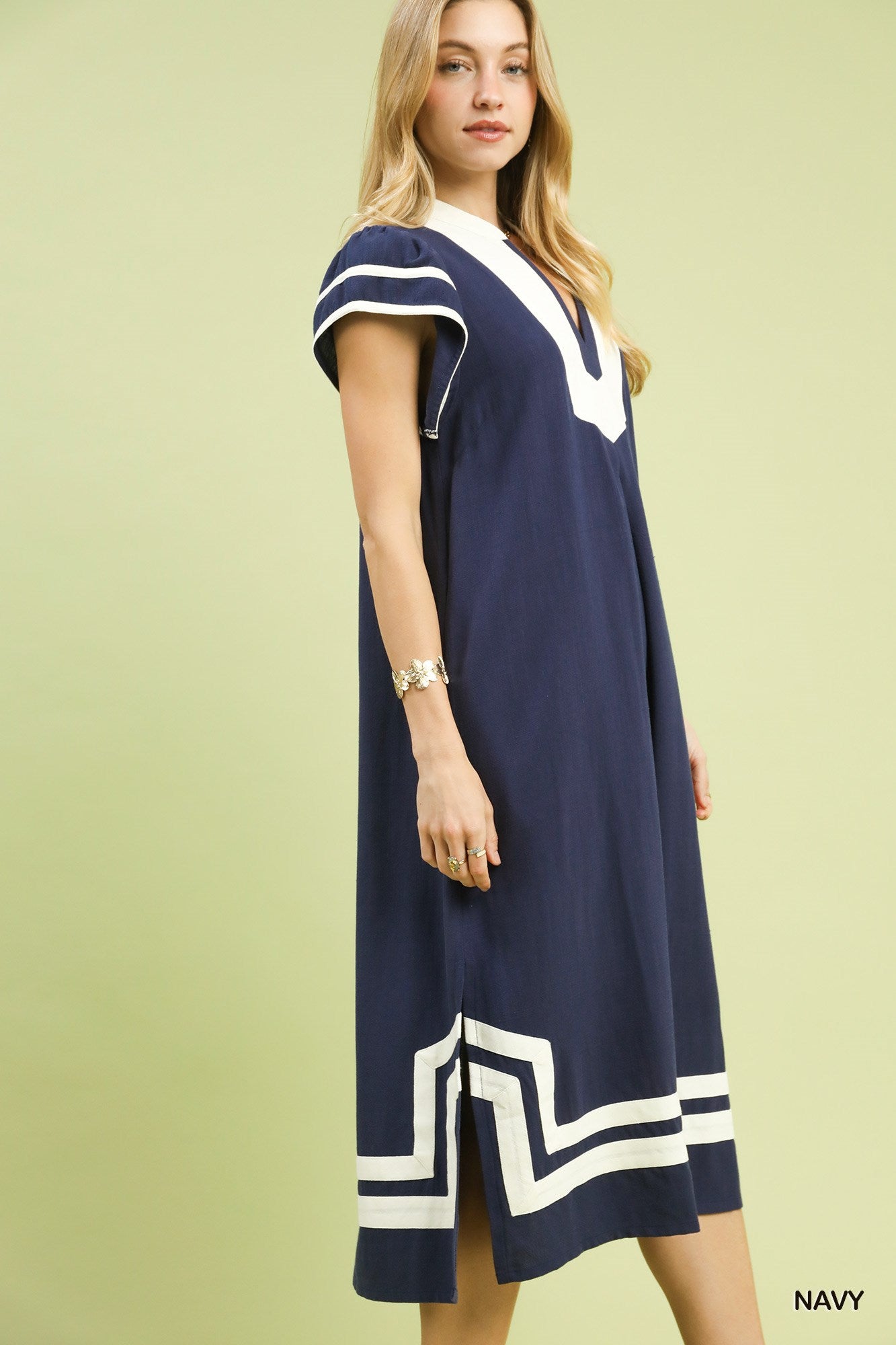 Lindsey Linen Cotton Contrast Neckline Midi Dress Navy