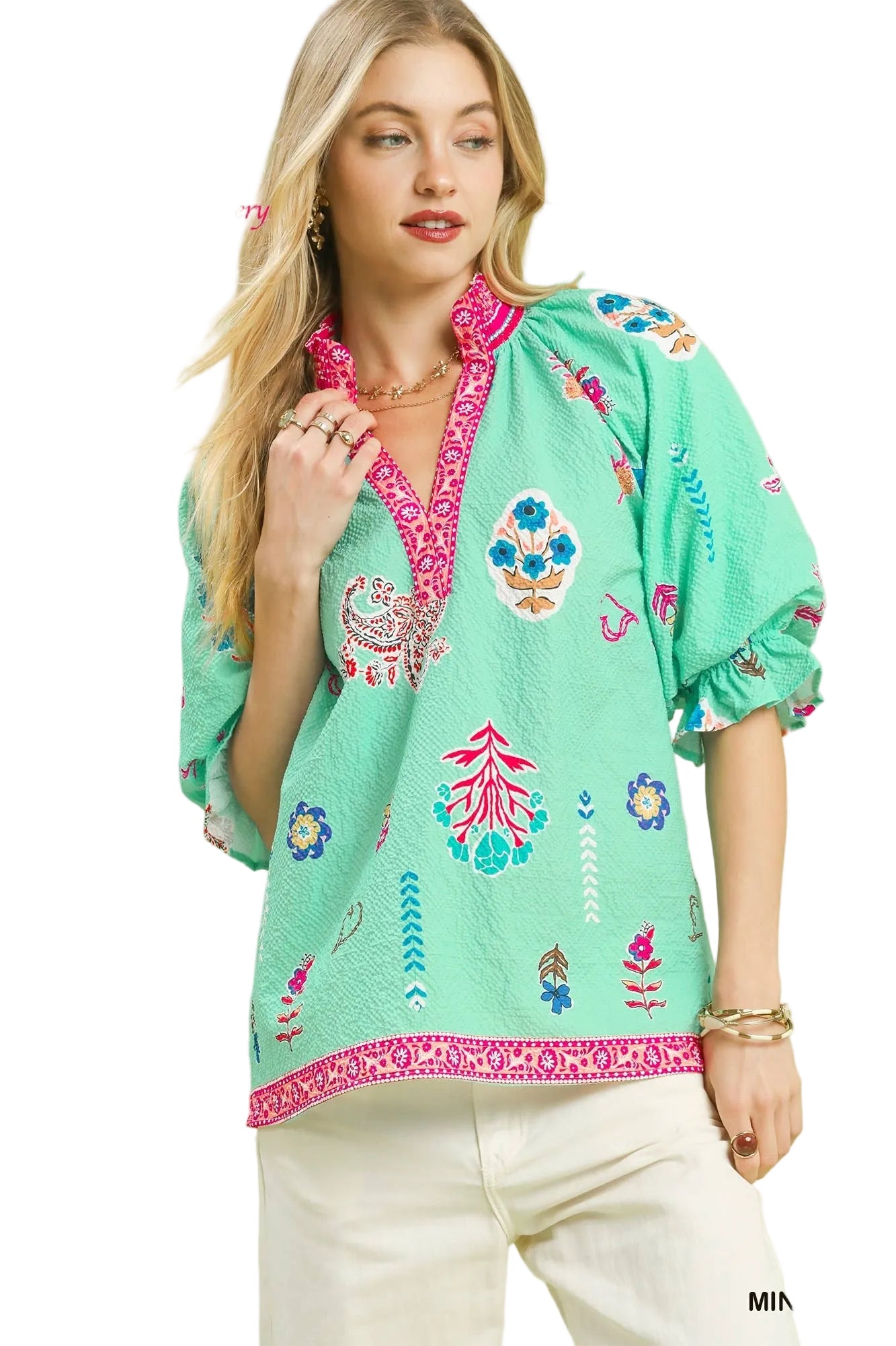 Farrah Floral Print V-Neck Smocked Collar Top Mint