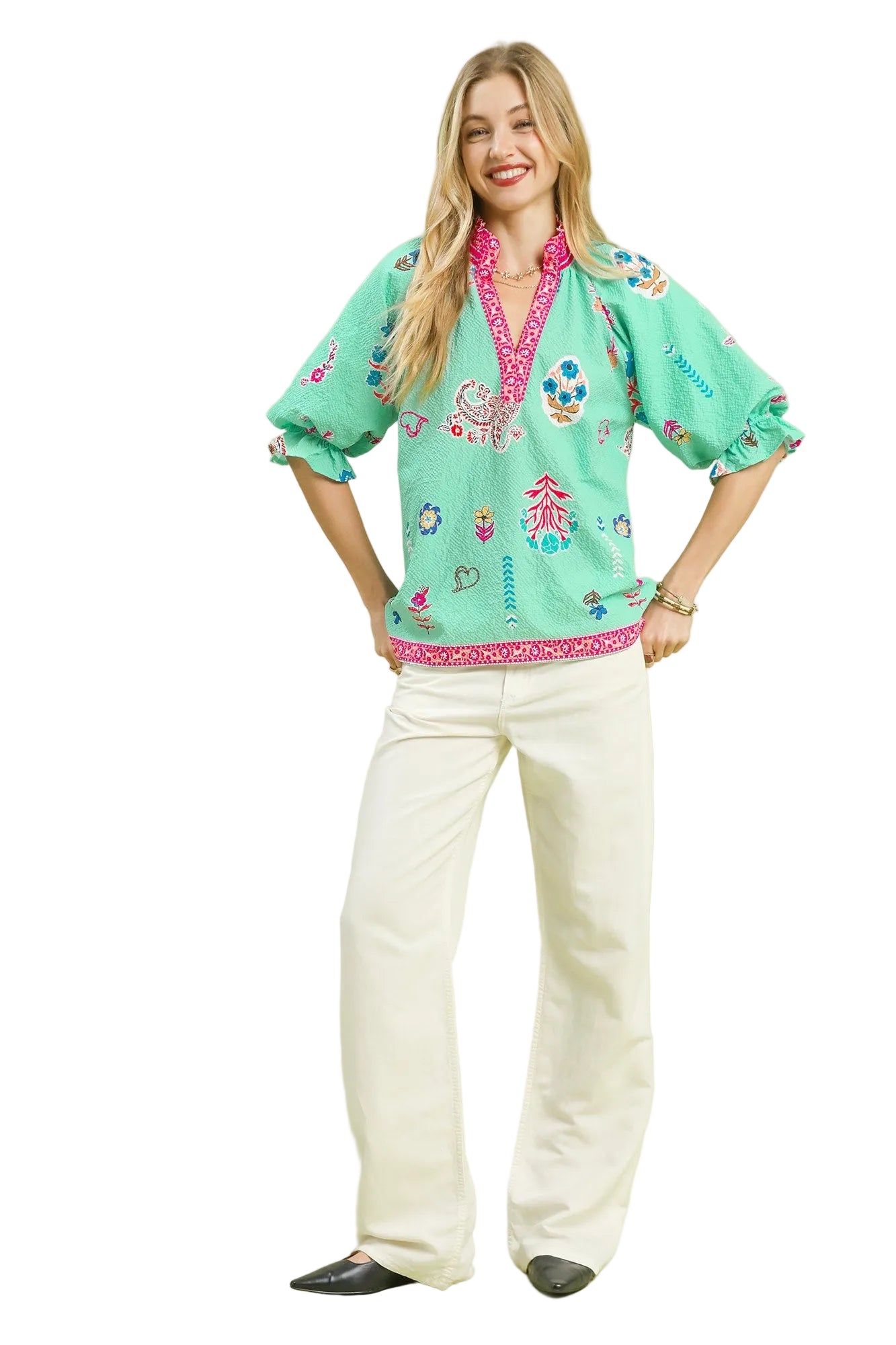Farrah Floral Print V-Neck Smocked Collar Top Mint