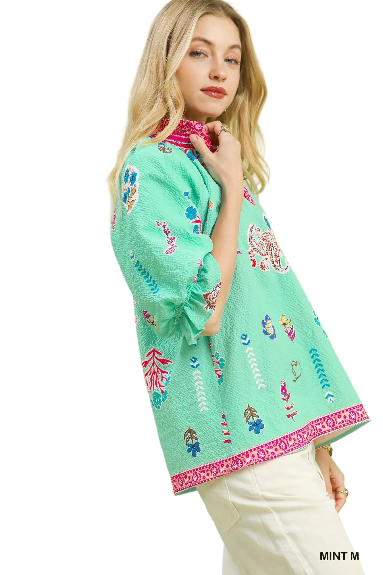 Farrah Floral Print V-Neck Smocked Collar Top Mint