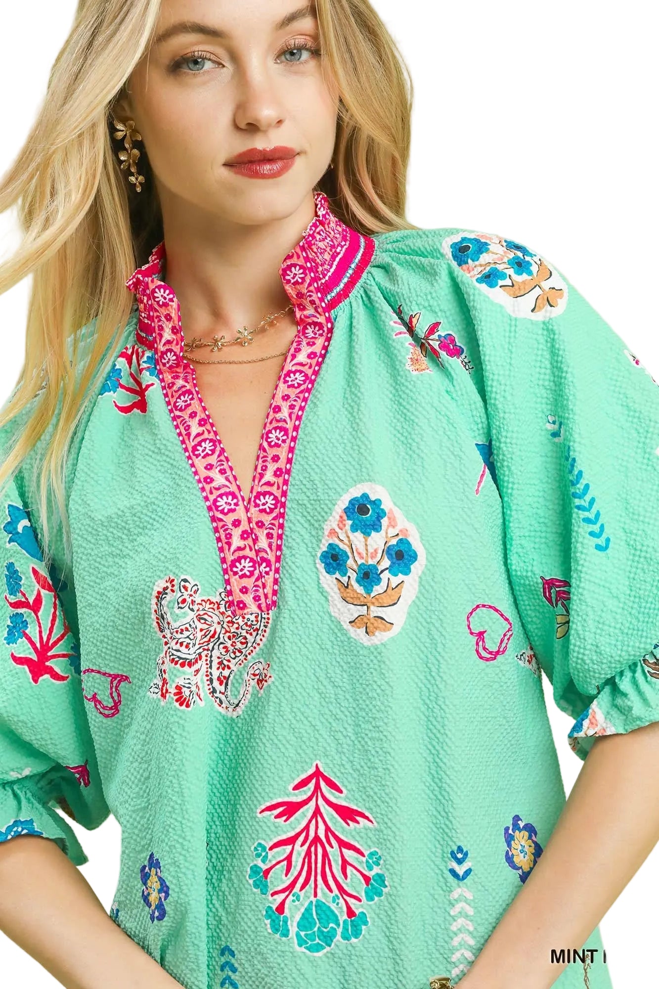 Farrah Floral Print V-Neck Smocked Collar Top Mint