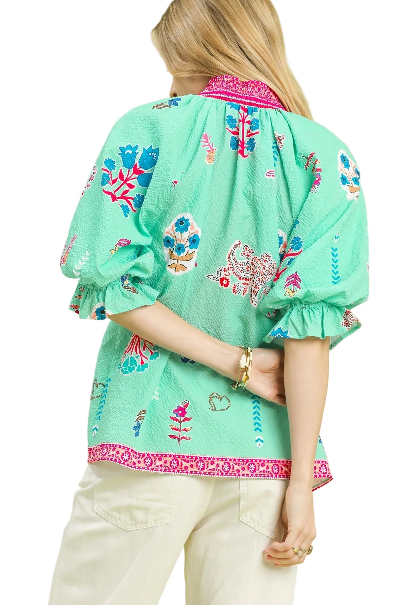 Farrah Floral Print V-Neck Smocked Collar Top Mint