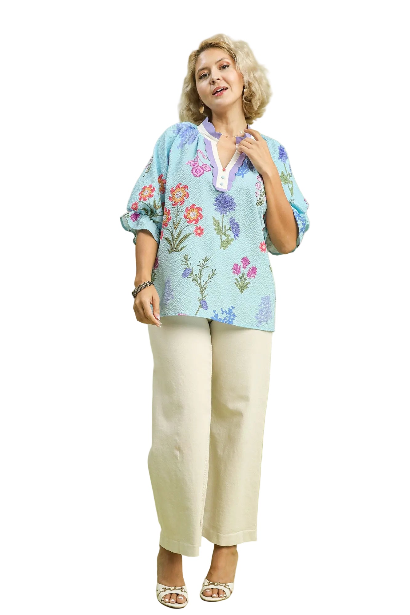 Paitlyn Floral Blouse With Scallop Trim Seafoam