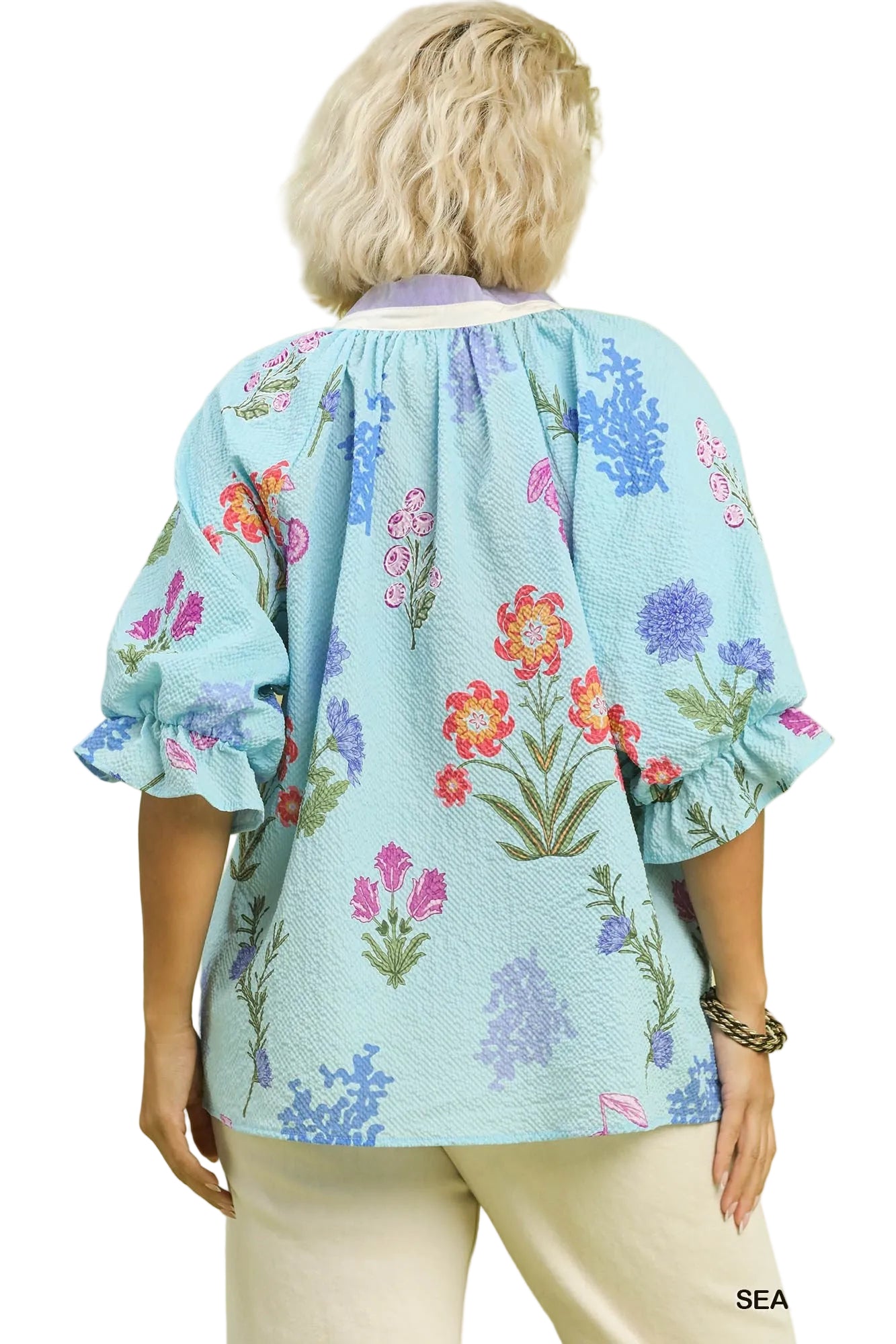 Paitlyn Floral Blouse With Scallop Trim Seafoam