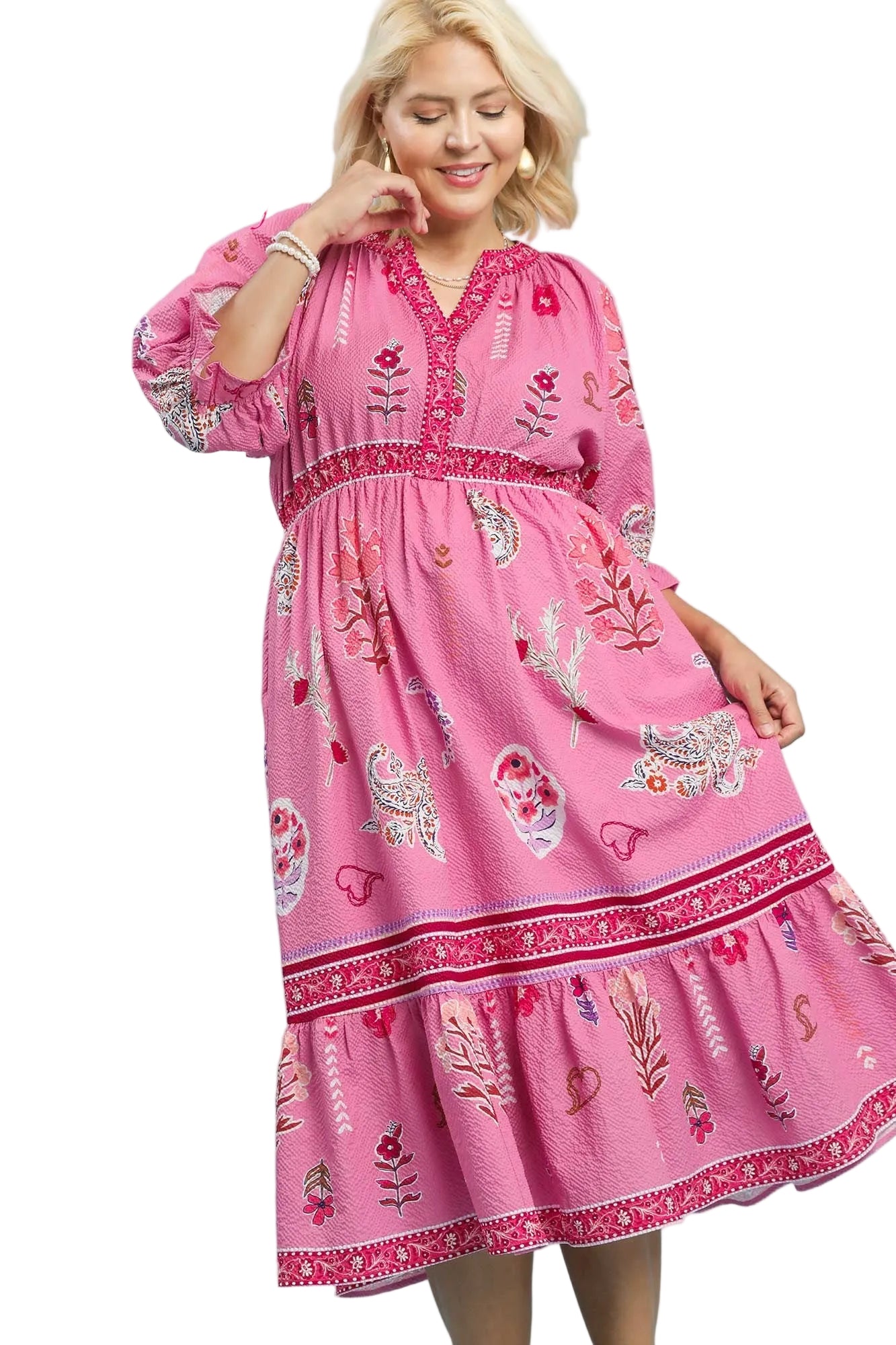 Fallen Floral Collage Print Y Neck Midi Dress Pink