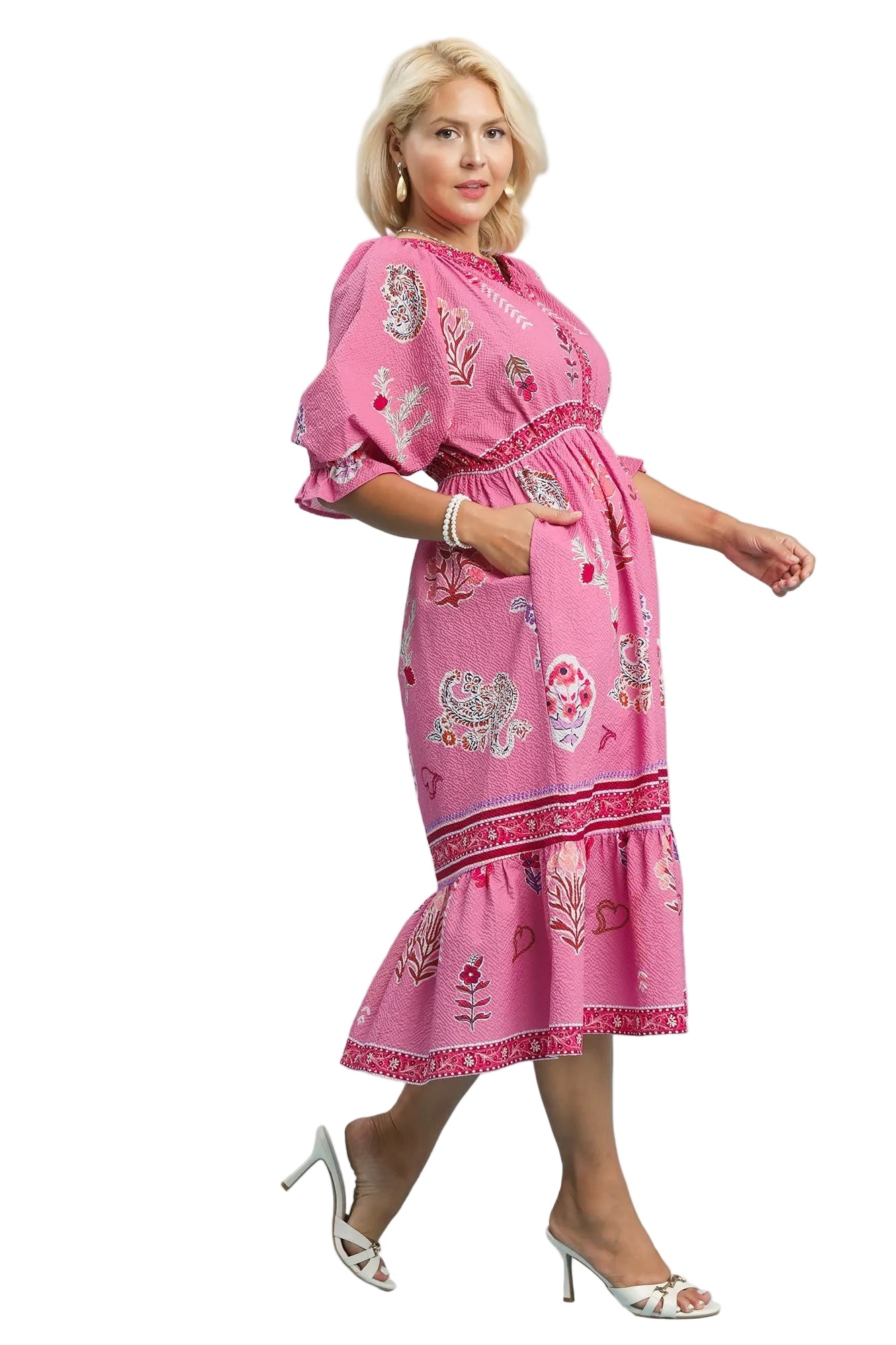 Fallen Floral Collage Print Y Neck Midi Dress Pink