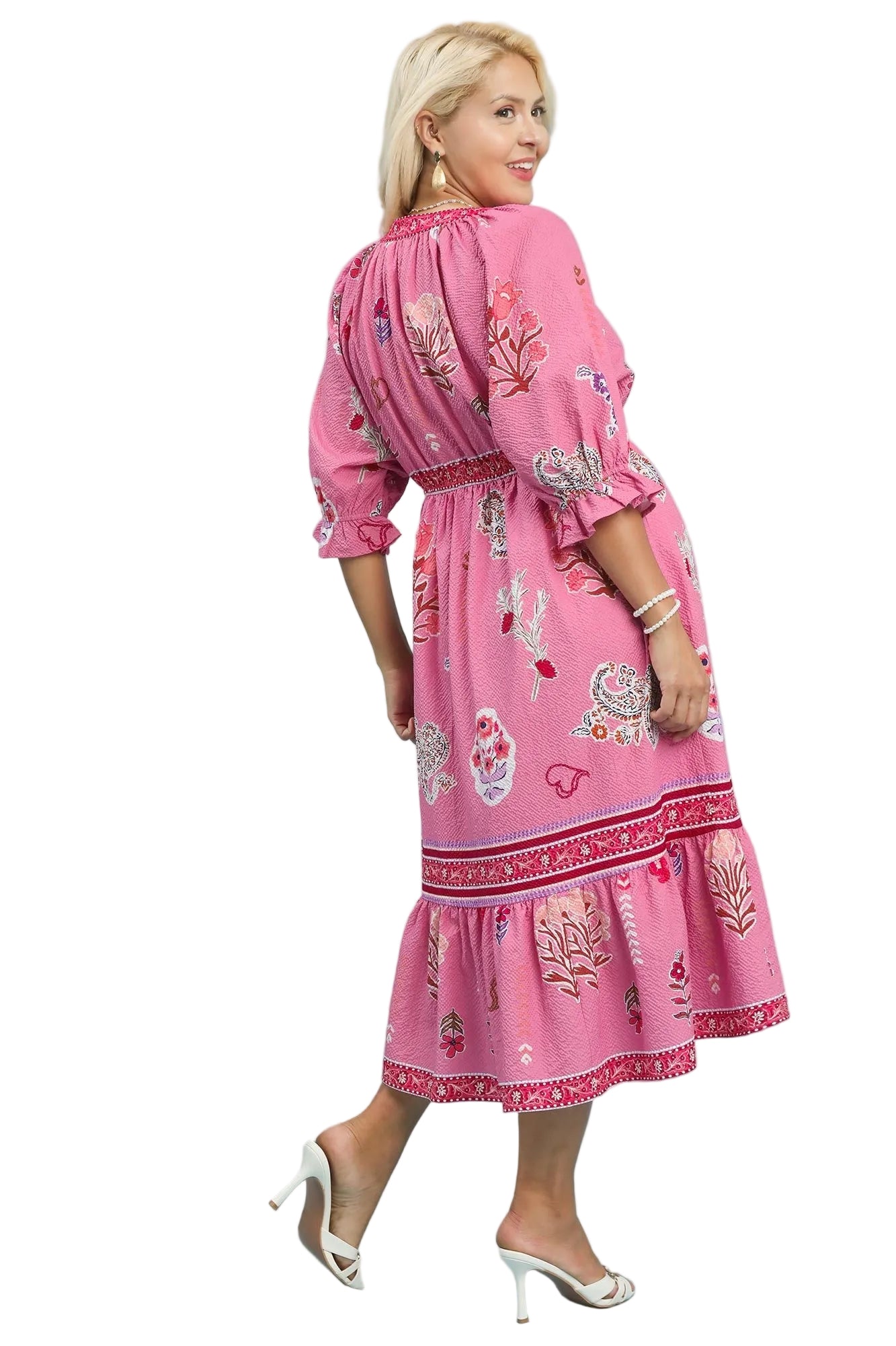 Fallen Floral Collage Print Y Neck Midi Dress Pink