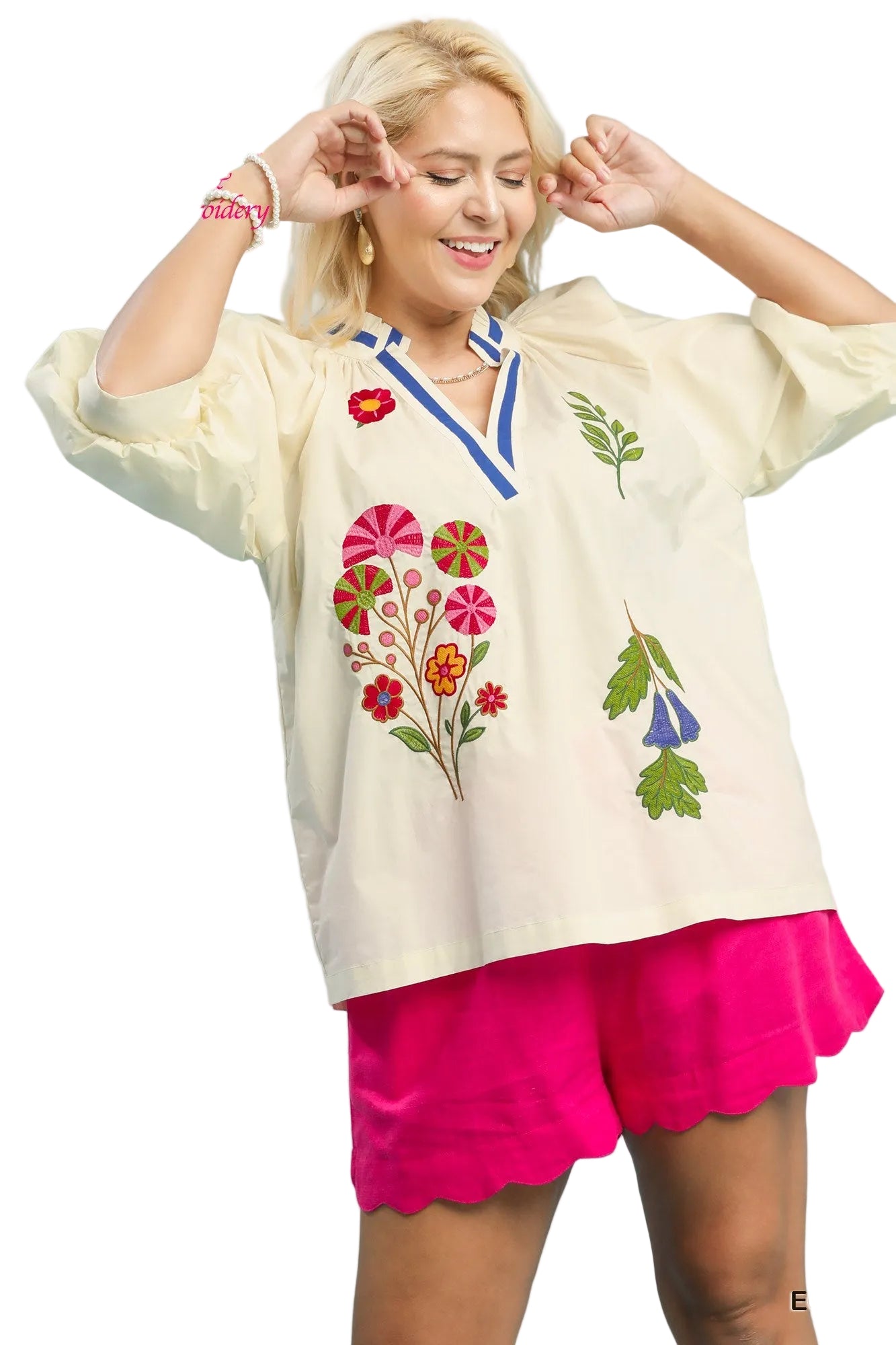 Candy Embroidery Floral V Neck Blouse Ecru
