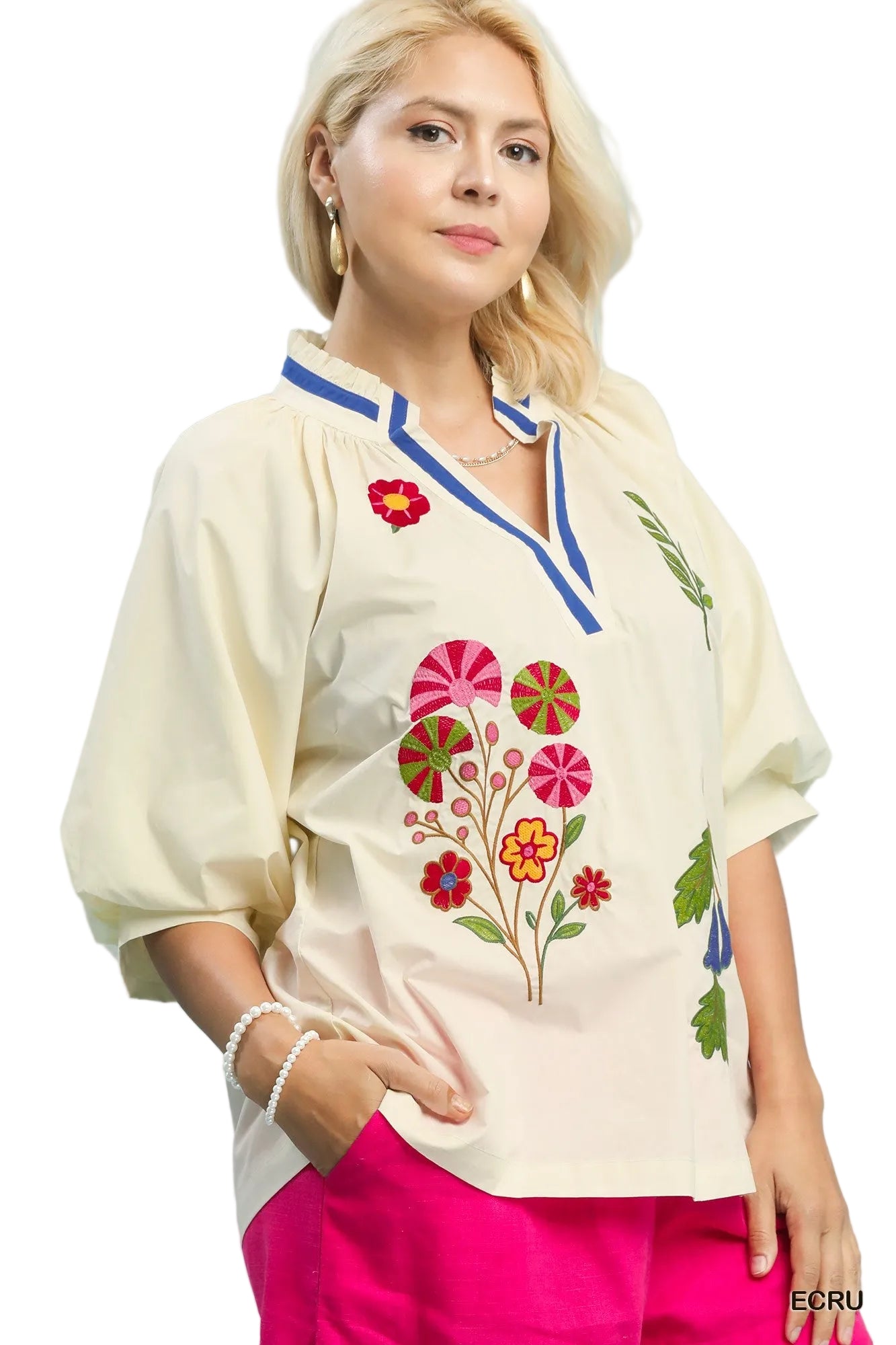 Candy Embroidery Floral V Neck Blouse Ecru