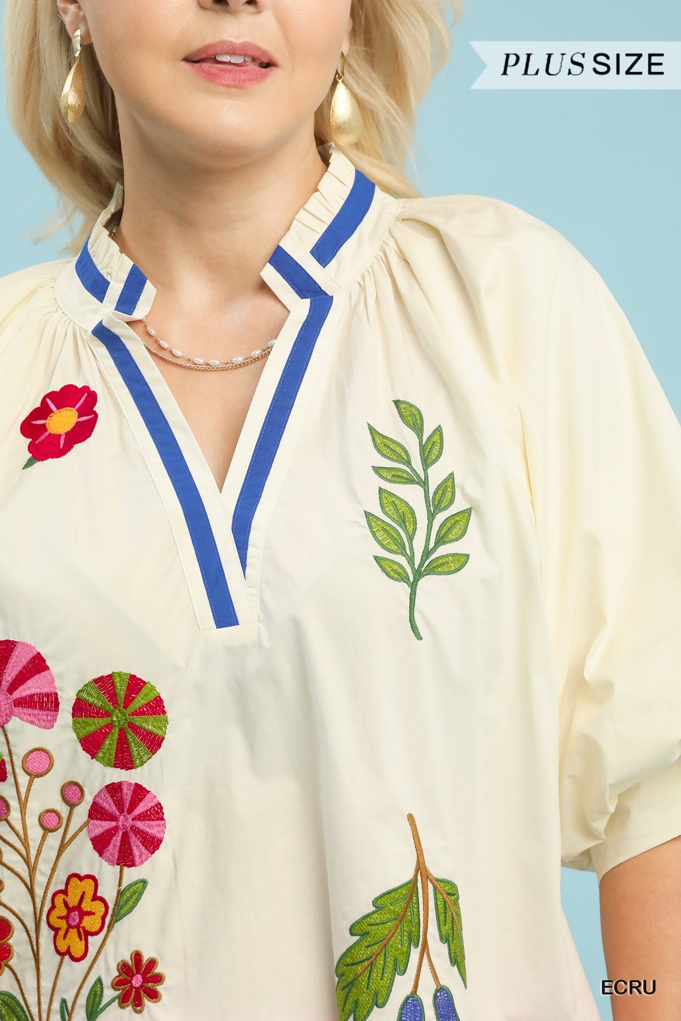 Candy Embroidery Floral V Neck Blouse Ecru