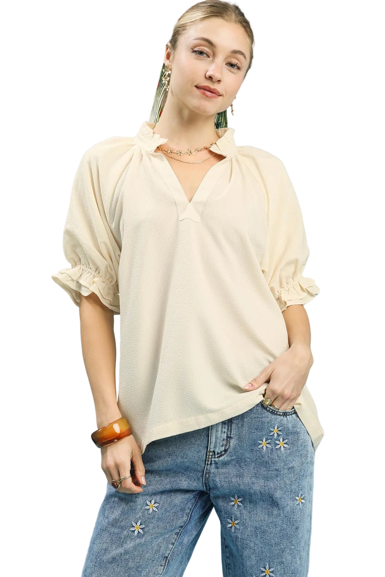 Sylvia Seersucker Ruffle Collar Puff Sleeve Top Ecru