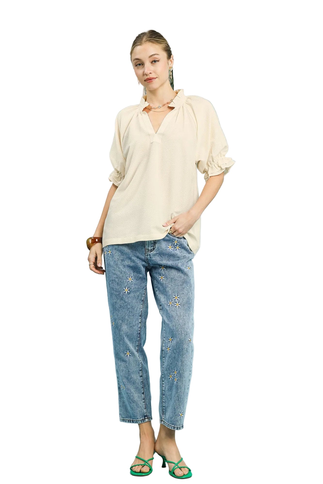 Sylvia Seersucker Ruffle Collar Puff Sleeve Top Ecru
