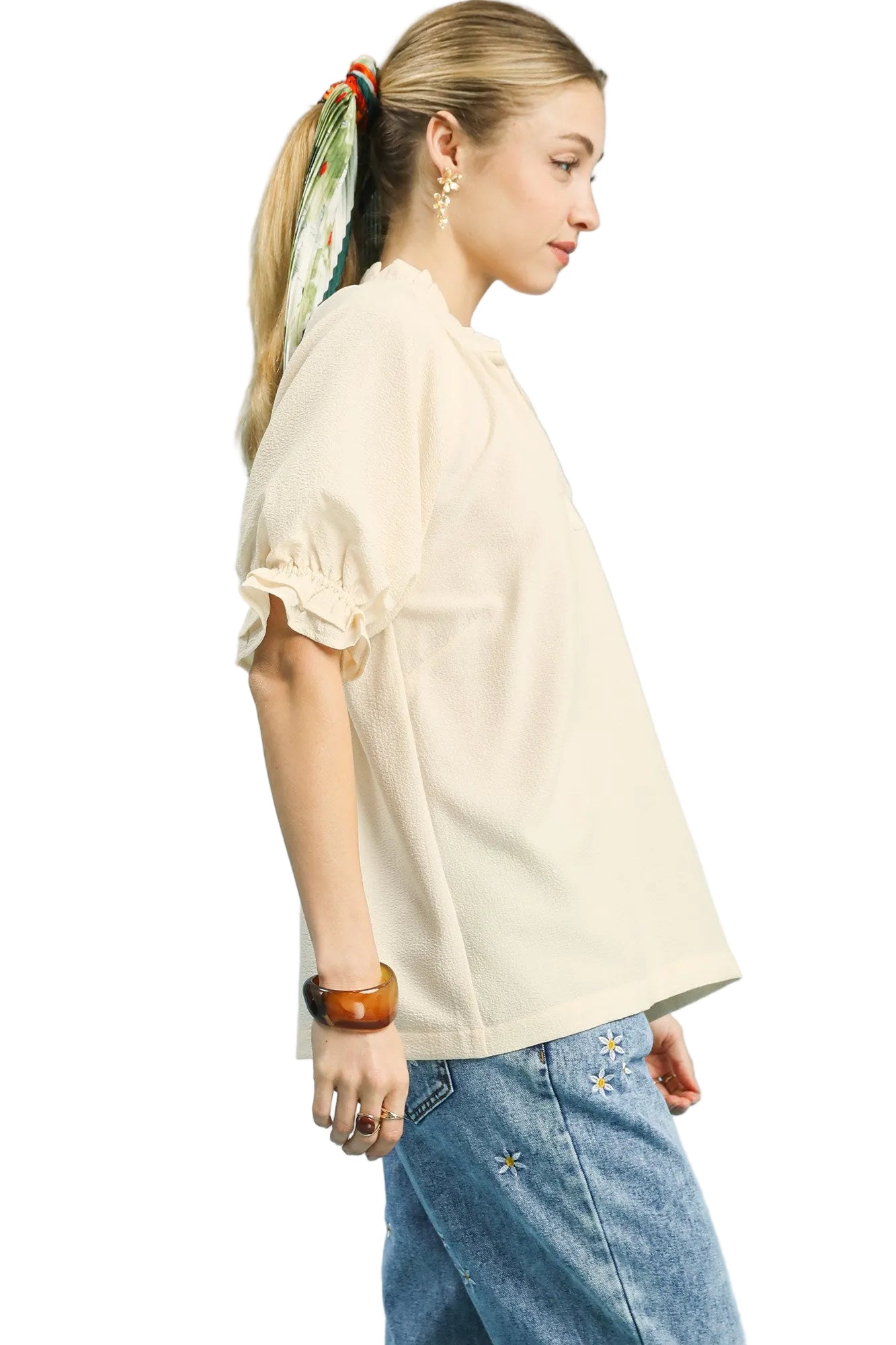 Sylvia Seersucker Ruffle Collar Puff Sleeve Top Ecru